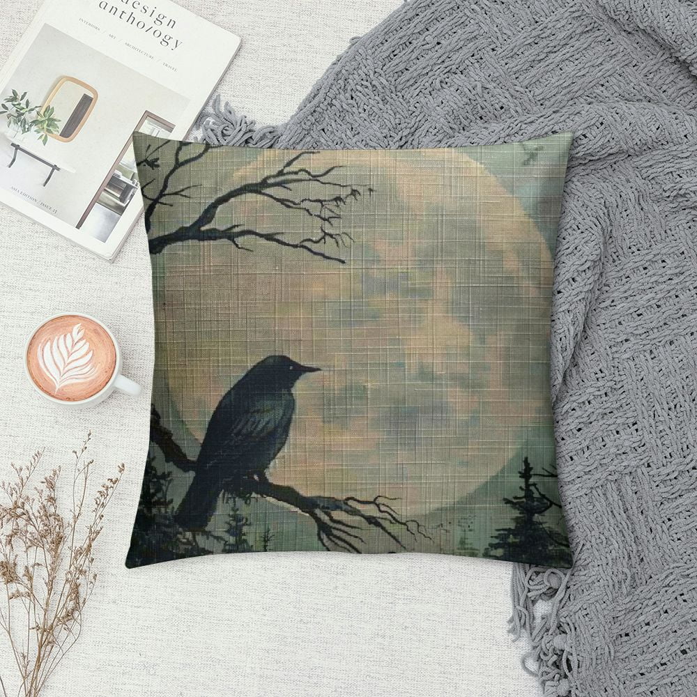Ollo0ord  Throw Pillow Covers  February Blue Autumn Foggy Spruce Forest Rising Full Raven Moon Green Bird Black Branch Circle Clouds Cushion Case  Linen for Winter Home Decoration White