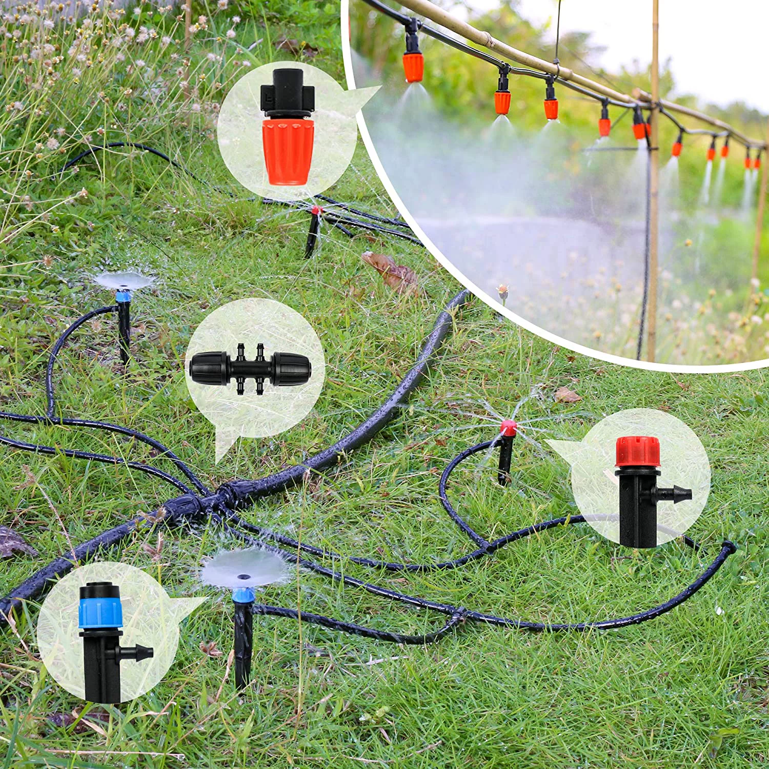 226FT Greenhouse Micro Drip Irrigation Kit Automatic Irrigation System Patio Misting Plant Watering System with 1/4 inch 1/2 inch Irrigation Tubing Hose Adjustable Nozzle Emitters Barbed Fittings