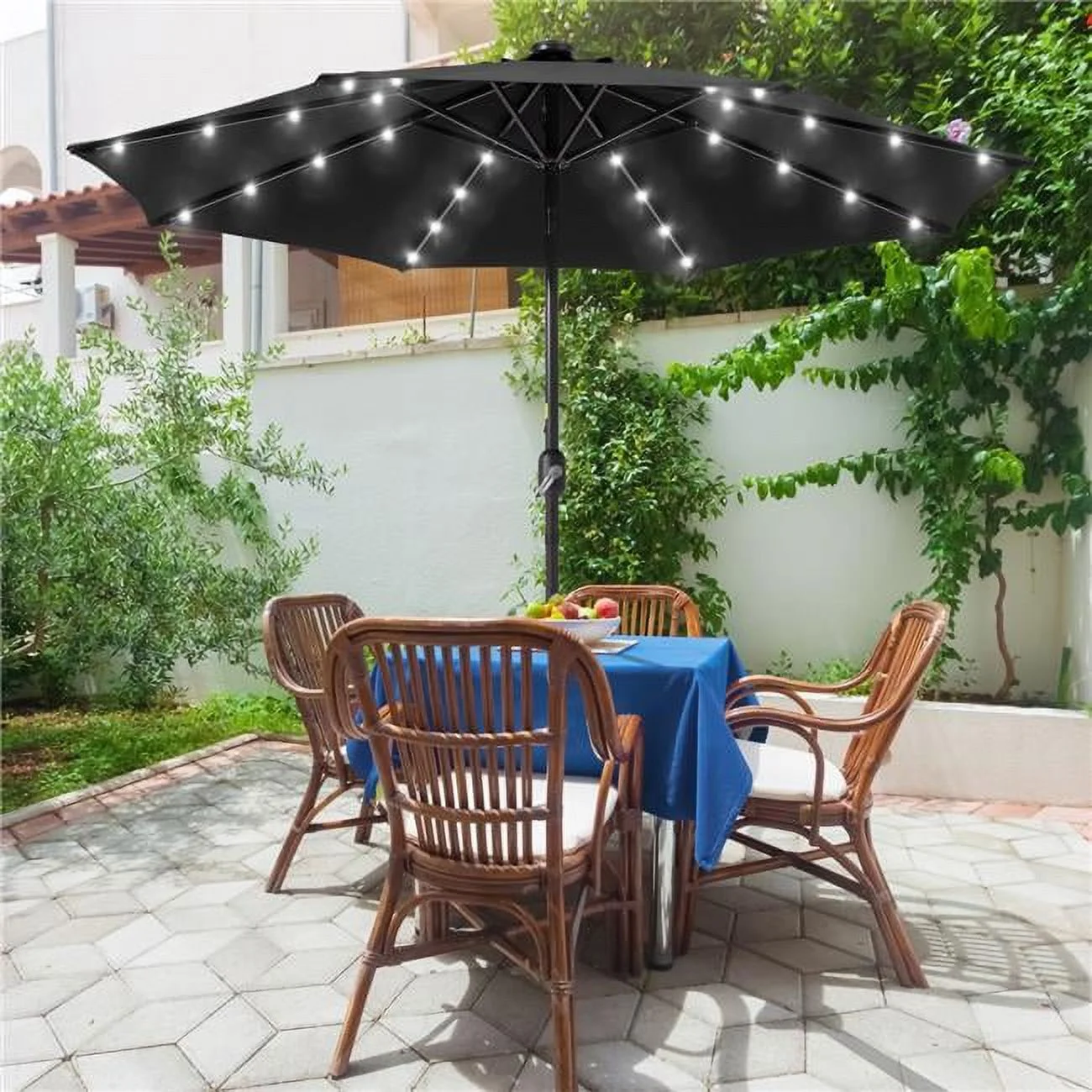 SANLUCE  9 ft. Solar Lighted LED Outdoor Patio Market Table Umbrella in Black, UV-Resistant Canopy and Tilt Button