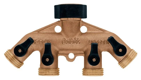 Orbit 4-Port Brass Lawn & Garden Hose Faucet Manifold w/ Shut off Valves - 91705