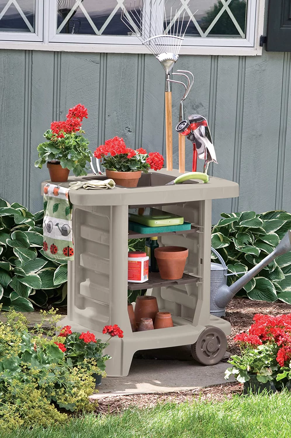 Portable Outdoor Garden Cart - Durable Resin Gardening Center on Wheels - Store Garden Accessories and Equipment - Ideal for Gardening and Outdoor Projects - Taupe