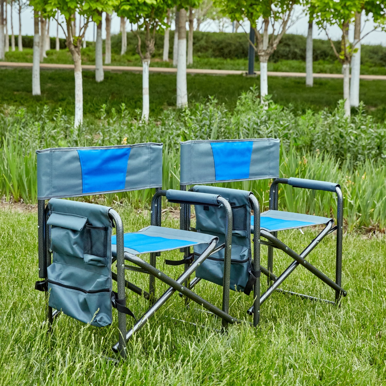 ZJbiubiuHome 2-piece Padded Folding Outdoor Chair with  Pockets Lightweight Oversized Directors Chair for indoor  Outdoor Camping  Picnics and Fishing Blue/Grey