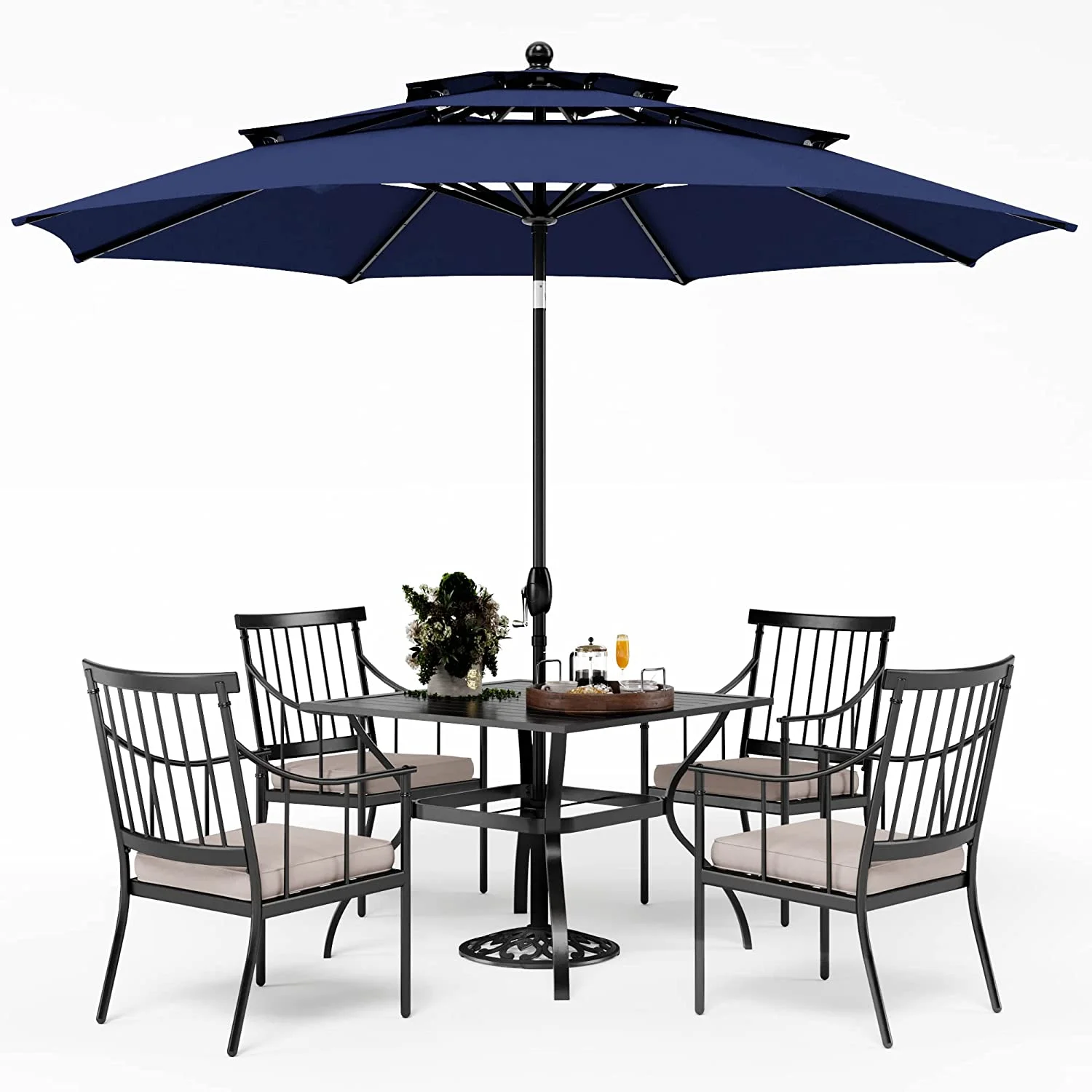 VILLA 5 Piece Outdoor Dining Set with 10ft Umbrella  37" Square Metal Dining Table & 4 Cushioned Metal Chairs & 3-Tier Beige Umbrella for Patio  Deck  Yard  Porch