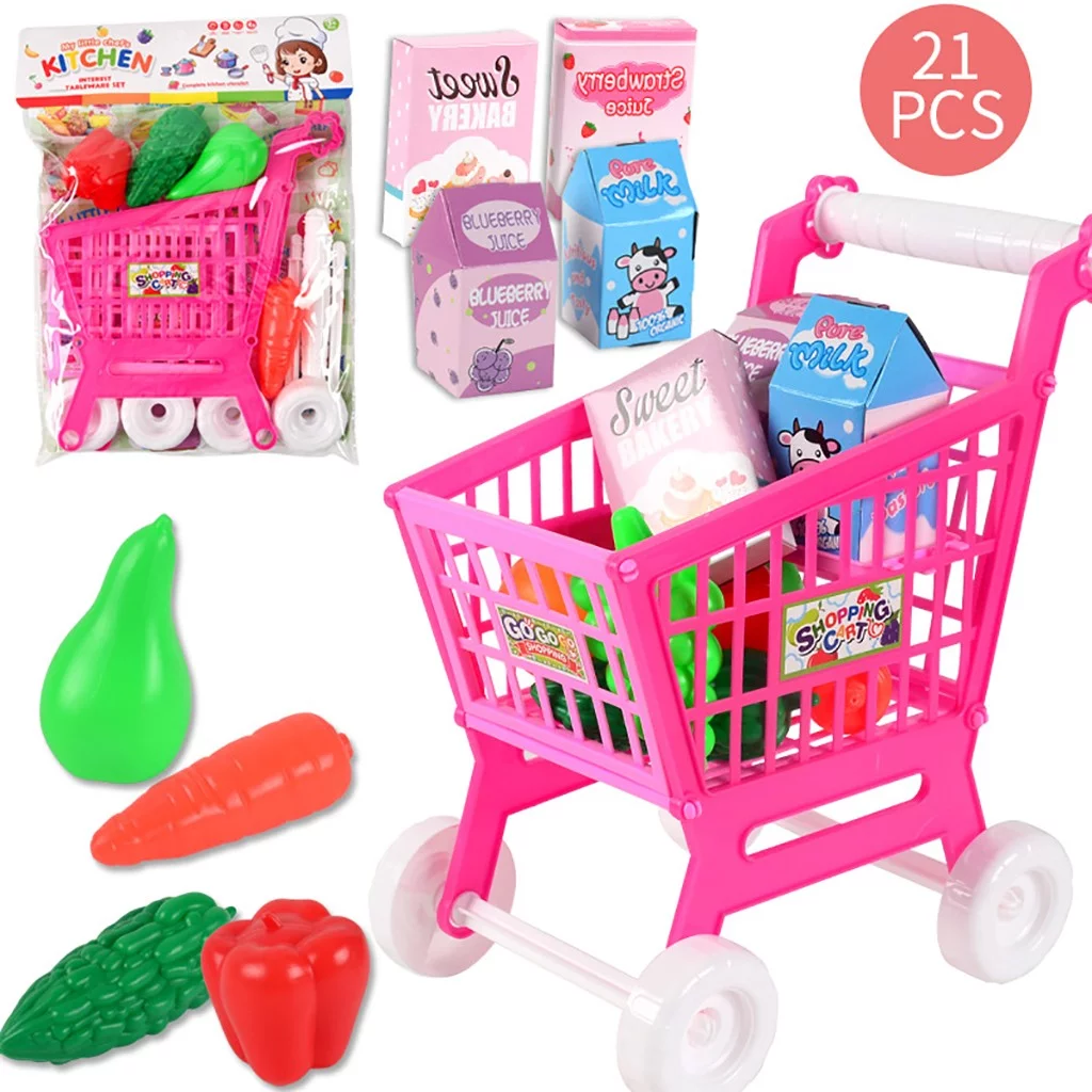 Bouanq Educational Toy Shopping Cart - Supermarket Playset with Included Grocery Cart Toy and Pretend Food Accessories - Perfect for Kids, Children, Toddlers Learning Development