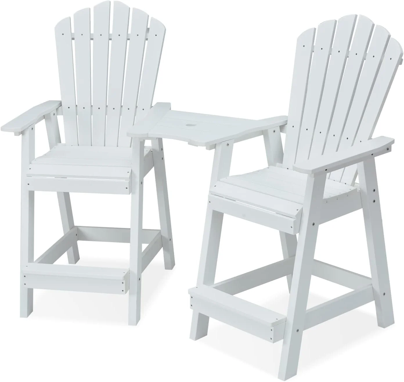 Tall Adirondack Chair Set of 2, Lumber Outdoor Bar Stools with Connecting Tray, 350Lbs Support Patio Chairs for Balcony, Deck, Weather Resistant Outdoor Patio Furniture Sets (White)
