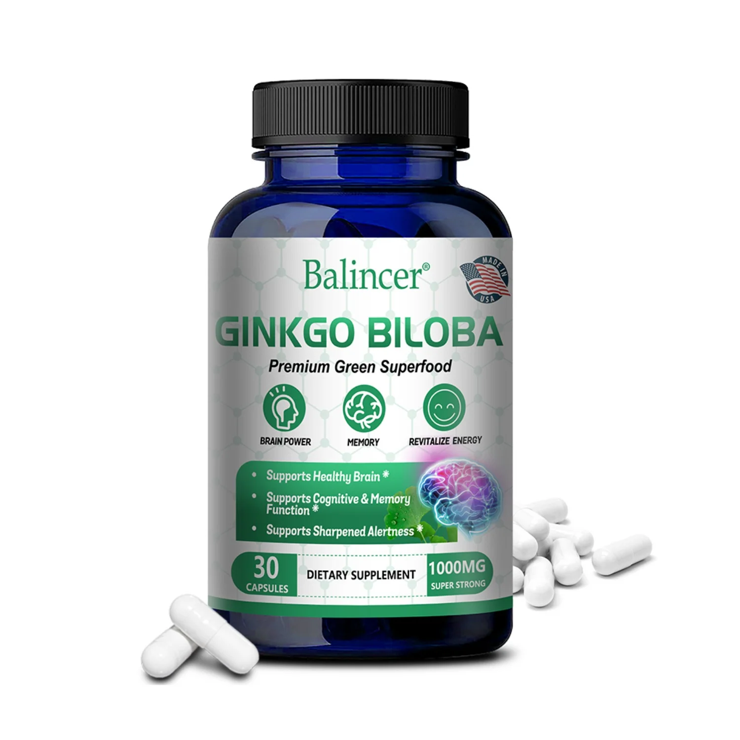 Balincer Organic Green Ginkgo Leaf Capsules, enhances memory, improves mood, improves brain function, increases mental alertness, antioxidants