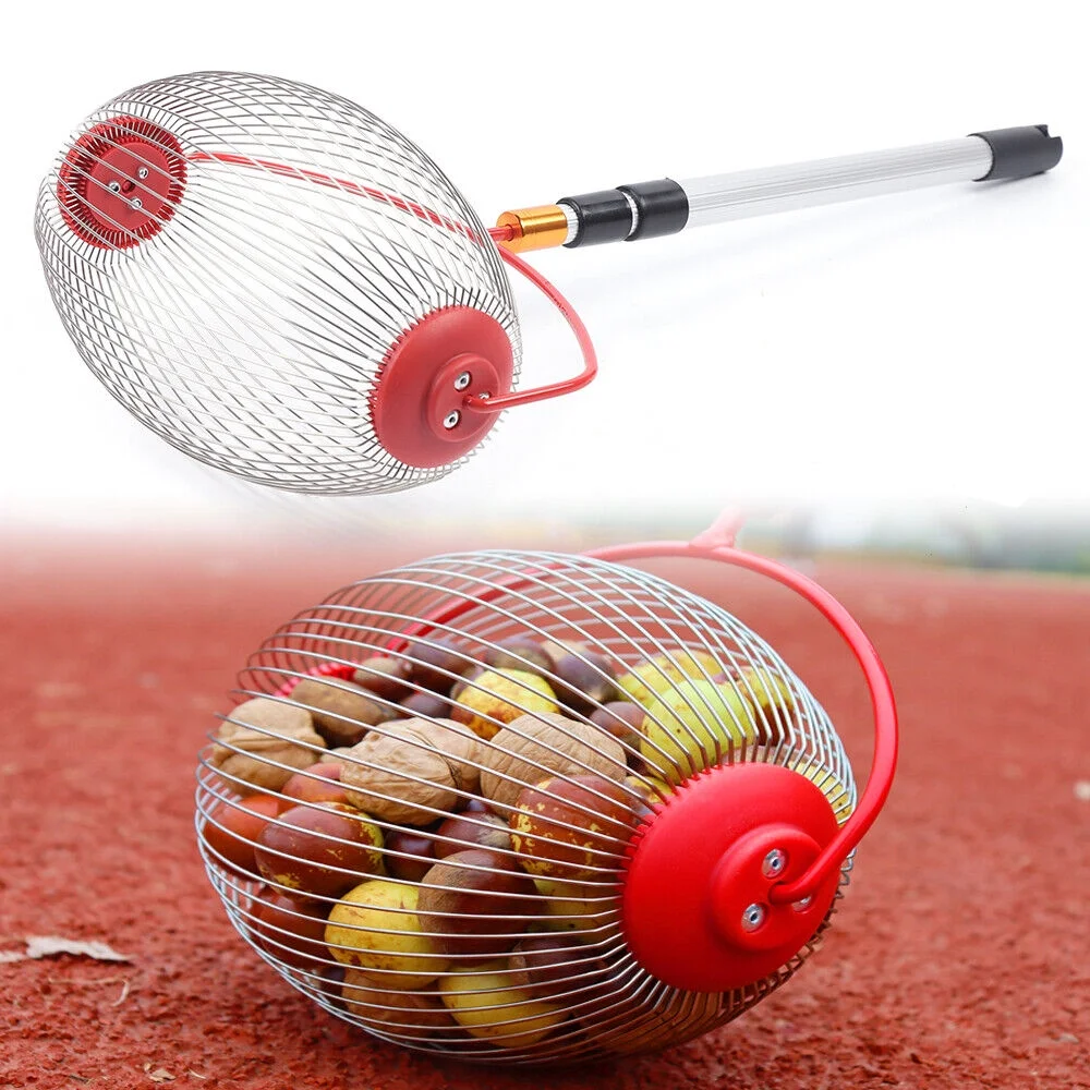 Rolling Collector Stainless Steel Fruit Picker Tool Silver and Red Nut Gatherer Time-Saving and Labor-Saving Rolling Collector with Nut Gatherer Pole