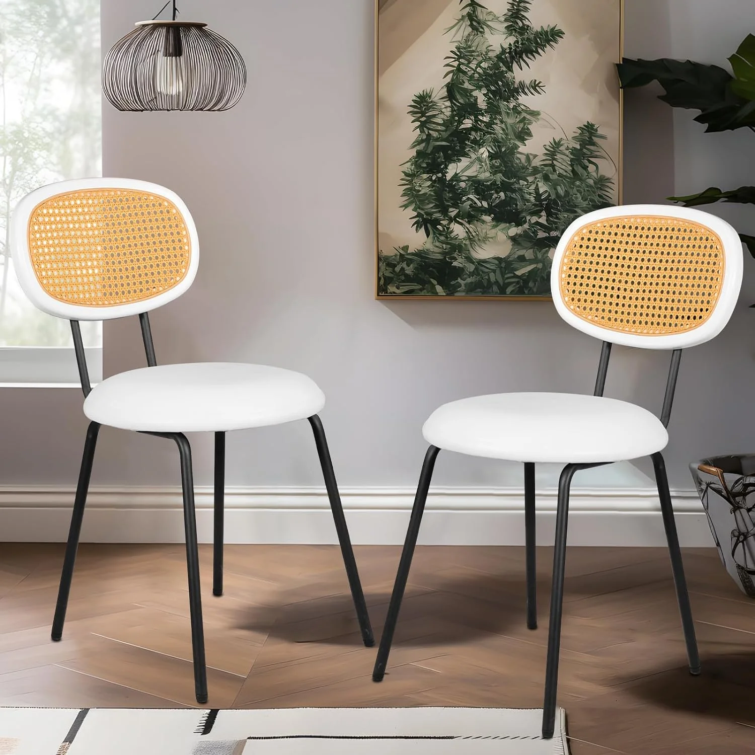 SJUIOK Dining Chairs  with Rattan Backrest  Brown Rattan Dining Chairs  Mid Century Modern Dining Chairs  Faux Leather Kitchen Side Chairs  Upholstered Kitchen Dining Chairs 18"