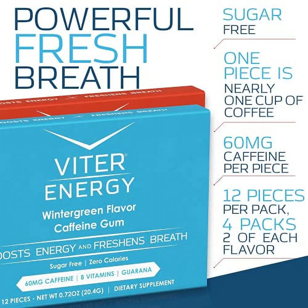 Viter Energy Chewing Gum 60mg Caffeine & B Vitamins, Wintergreen & Cinnamon Variety - 48 Count (4 Pack)