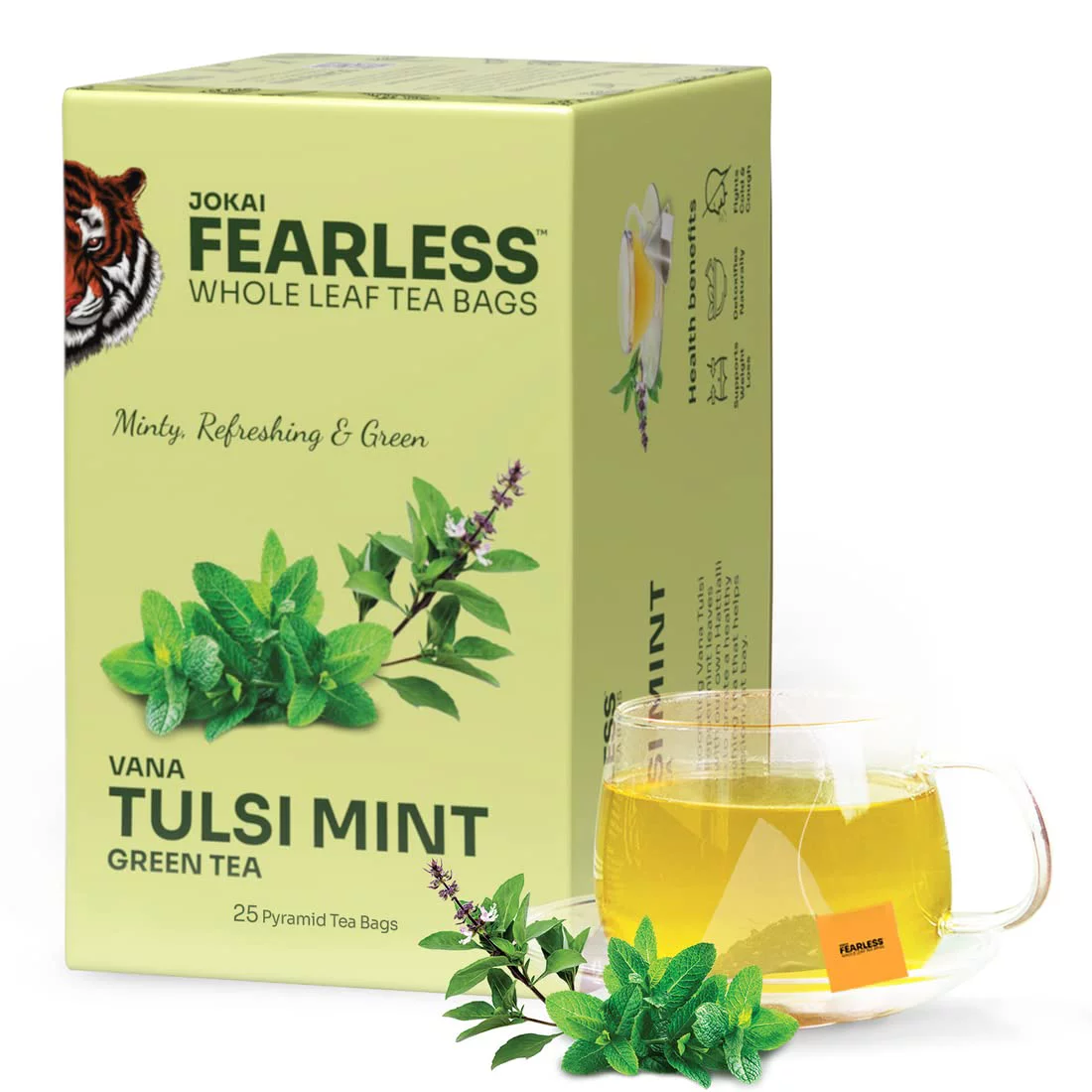 Fearless Tulsi Mint Green Tea Bags 25 Pcs | With Organic Vana Tulsi Leaves | Refreshing Minty Taste | Anti-Aging Benefits | Sweet Aroma, Delicious Taste | Latest & Safe Pyramid Bag