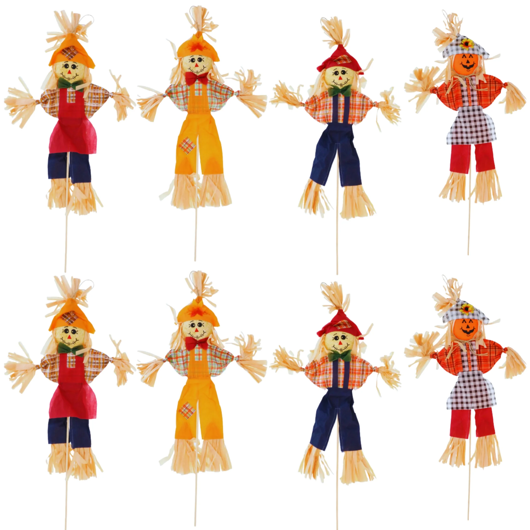 (8) Harvest Themed Scarecrow Stakes, 28-in. Thanksgiving Scary Decoration Fall Decor Autumn Outdoor Home Porch Garden Shelf Yard Farm Fireplace Designs Vary & Custom Storage Carrier