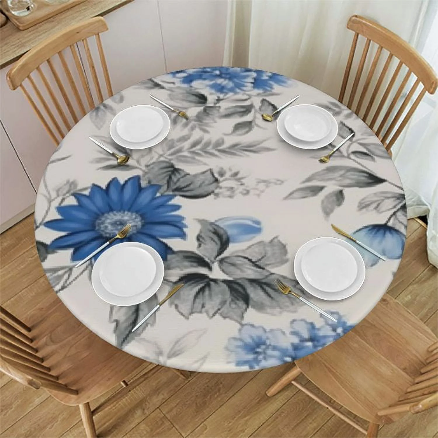 PRATYUS Spring Summer Floral Elastic Table Cover Butterfly Bird Flower Tablecloth Round Table Clothes Blue and Grey Waterproof Reusable Circle Table Cover for Picnic Party Dining Room Home Decor