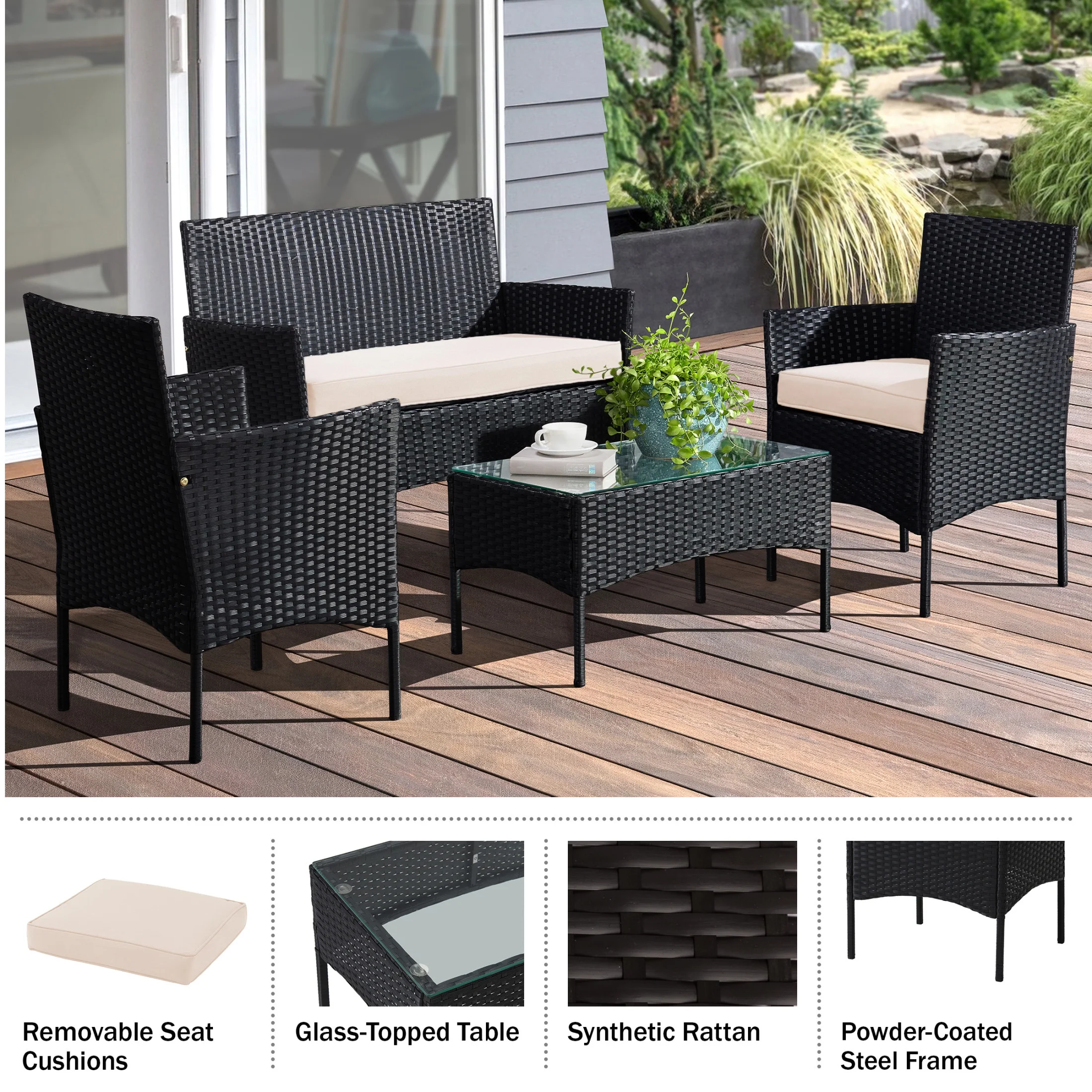 Lavish Home 4PC Patio Furniture Set with Couch, Chairs, and Table (Black)