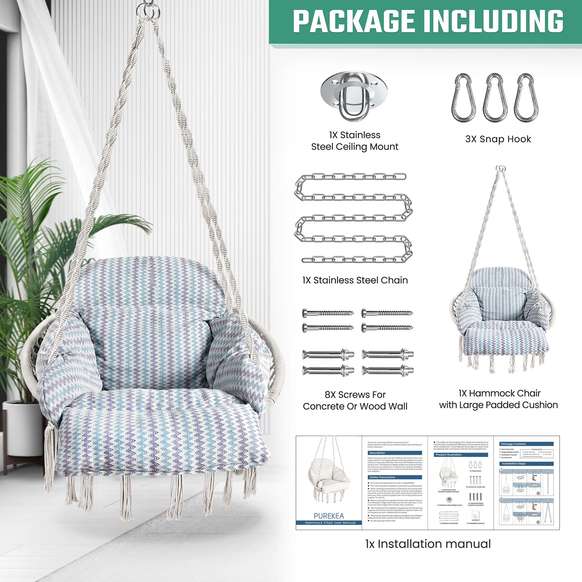 Hammock Chair,Max 250 Lbs Macrame Swing W/ Cushion and Hanging Hardware Kits,Hanging Cotton Rope Swing Chair, Comfortable Hanging Chairs for Indoor, Outdoor, Home, Patio, Yard