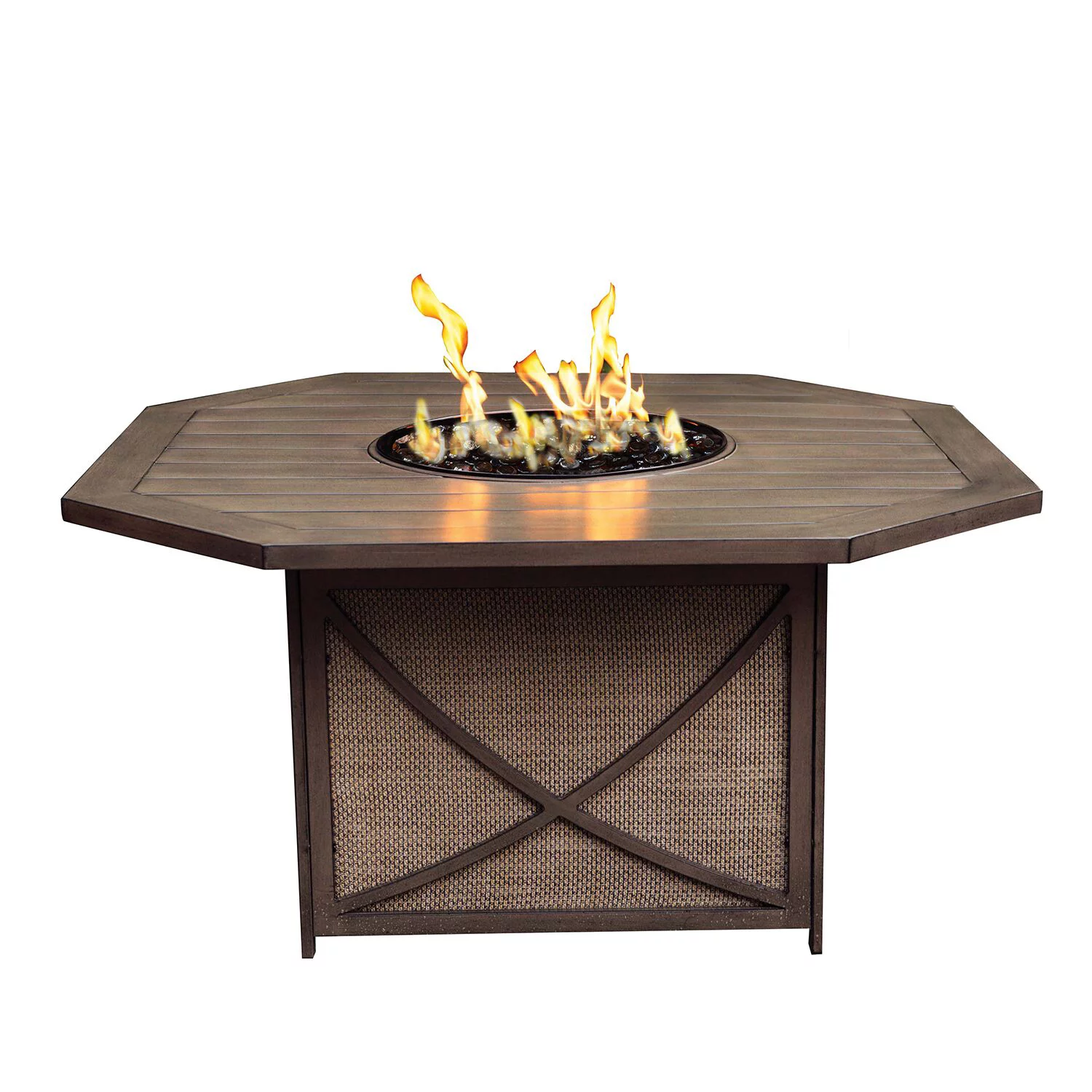 Outdoor Living and Style Contemporary Fire Pit Table Set - 5-Piece - Brown with Beige Spring Chairs
