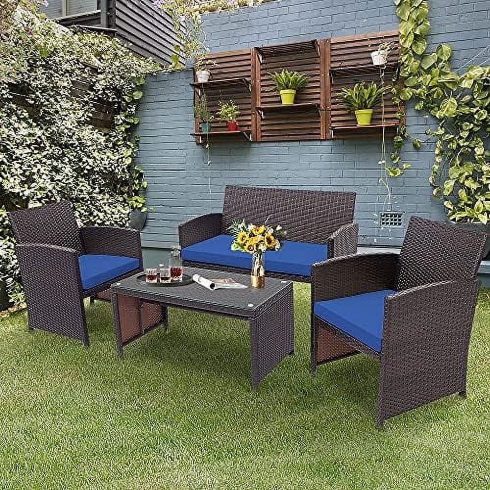 HYHBIBOOM 4 Pieces Rattan  Set  Outdoor Wicker Set w/Chairs  Loveseat  Conversation Rattan Upholstered Armchairs w/High Resilience Sponge  Perfect forPoolside  Turquoise