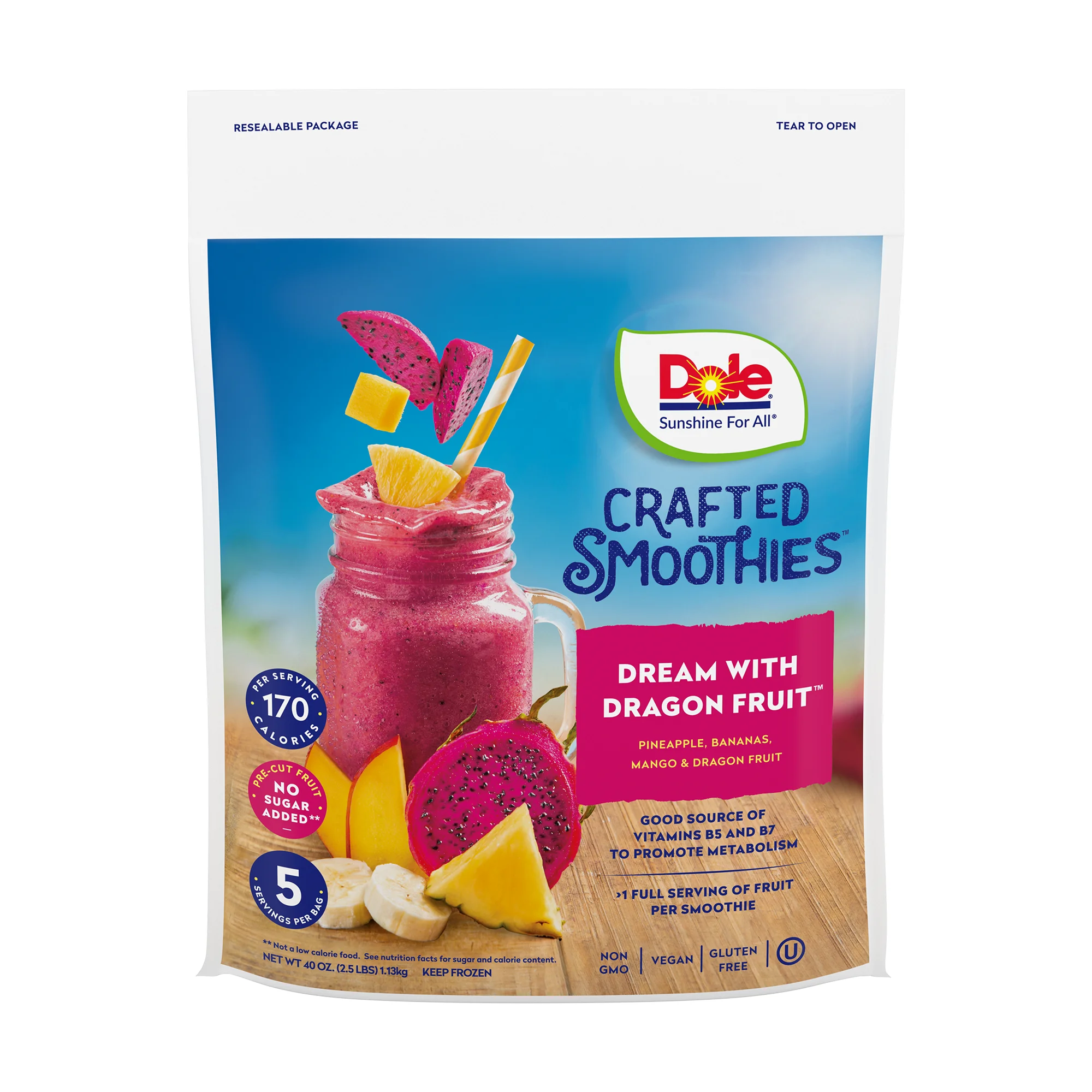 Dole Crafted Smoothie Blends Frozen Tropical Fruit Blend with Dragon Fruit, 40 oz Bag