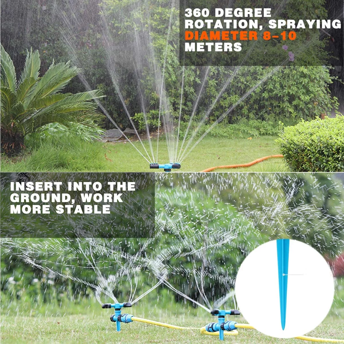Garden Sprinkler ,360°Automatic Rotating Adjustable Lawn Sprinklers , Easy Hose Connection Spike Base Gardening Watering System