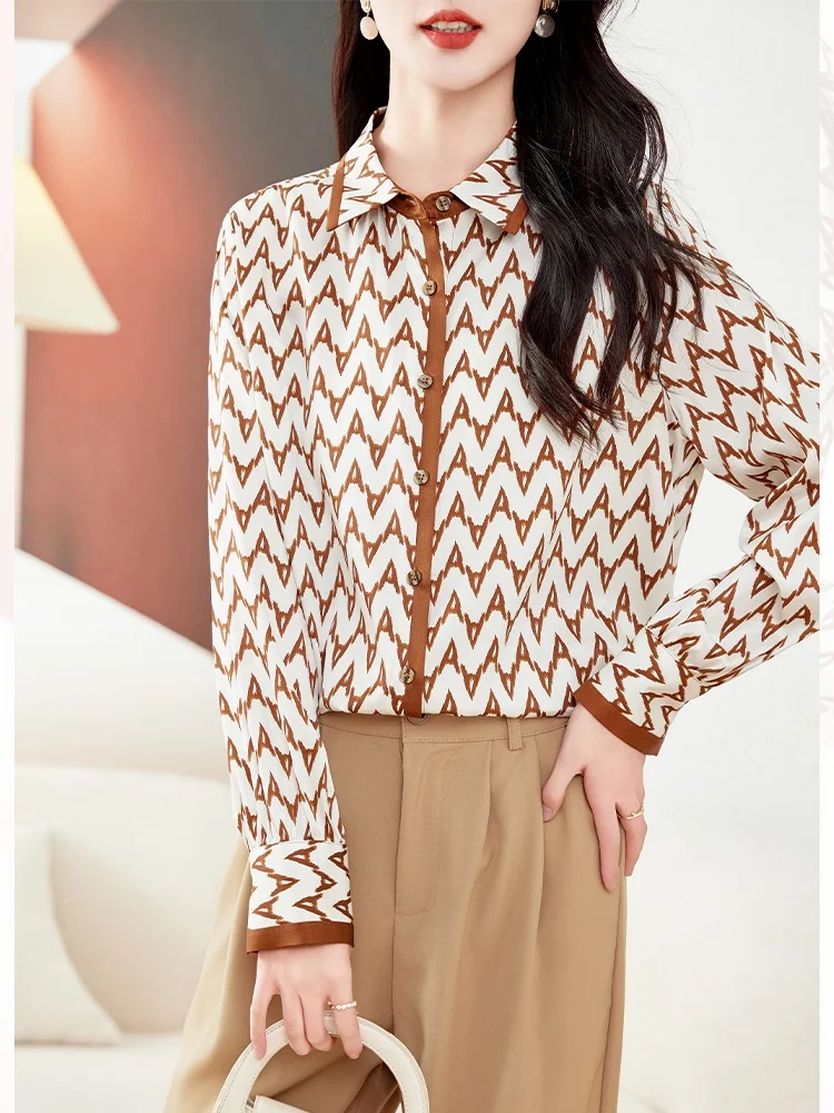 Spring And Summer New Silk Silk Temperament Is Thin, Elegant Long Sleeve Real Silk Simple Top, Lady Shirt A Letter 2Xl