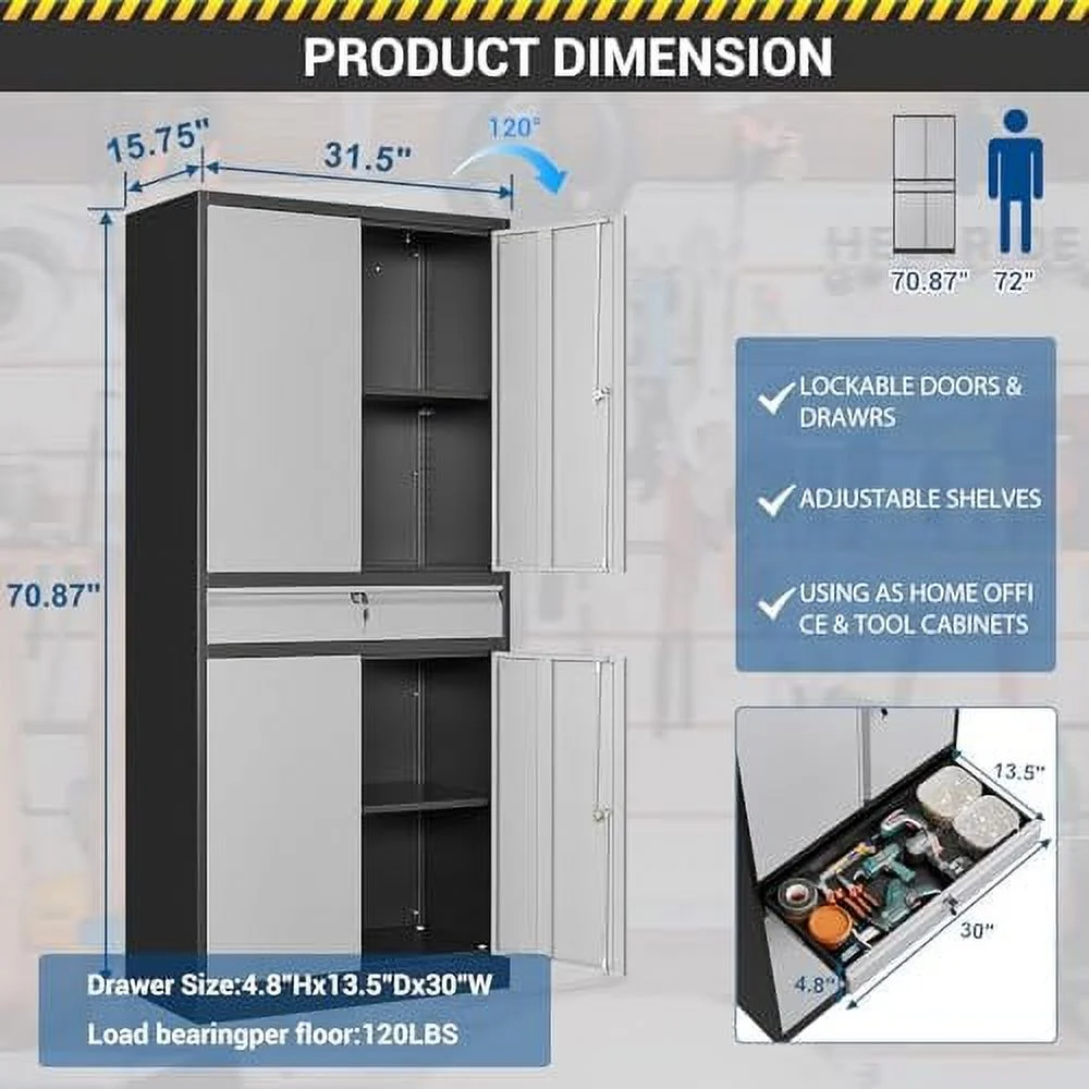 LNSETGC 71\u201D Metal  Cabinet-Lockable File Cabinet Garage Tool Cabinet with Doors and Shelves- Gray&Black Steel Cabinet for Garage-Heavy Duty File Cabinet for Home  Office  Gym  Ki