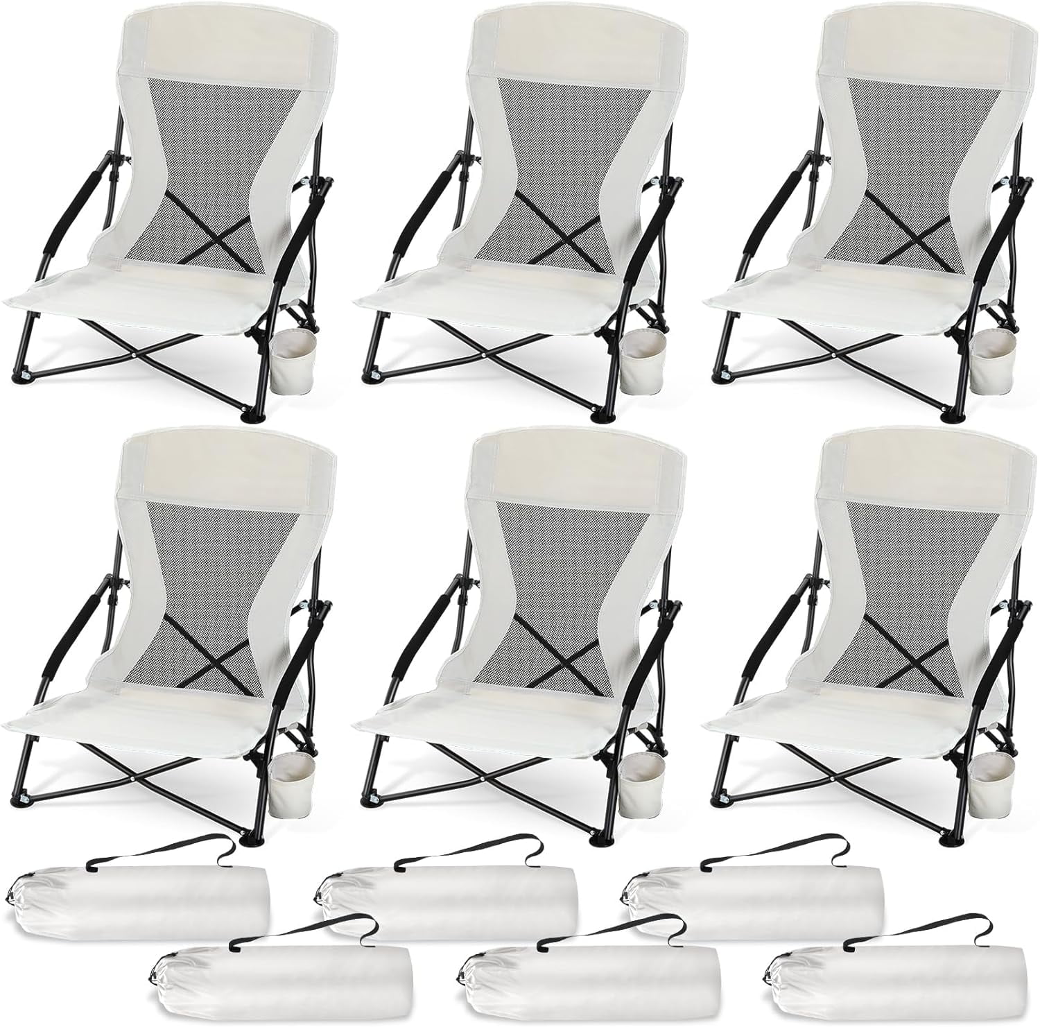 6 Packs Low Beach Chairs Portable Folding Beach Chairs for Adults with Cup Holder and Carry Bag Low Back Travel Beach Chair Compact Beach Chairs Lightweight Low Profile Lawn Chairs for Concerts