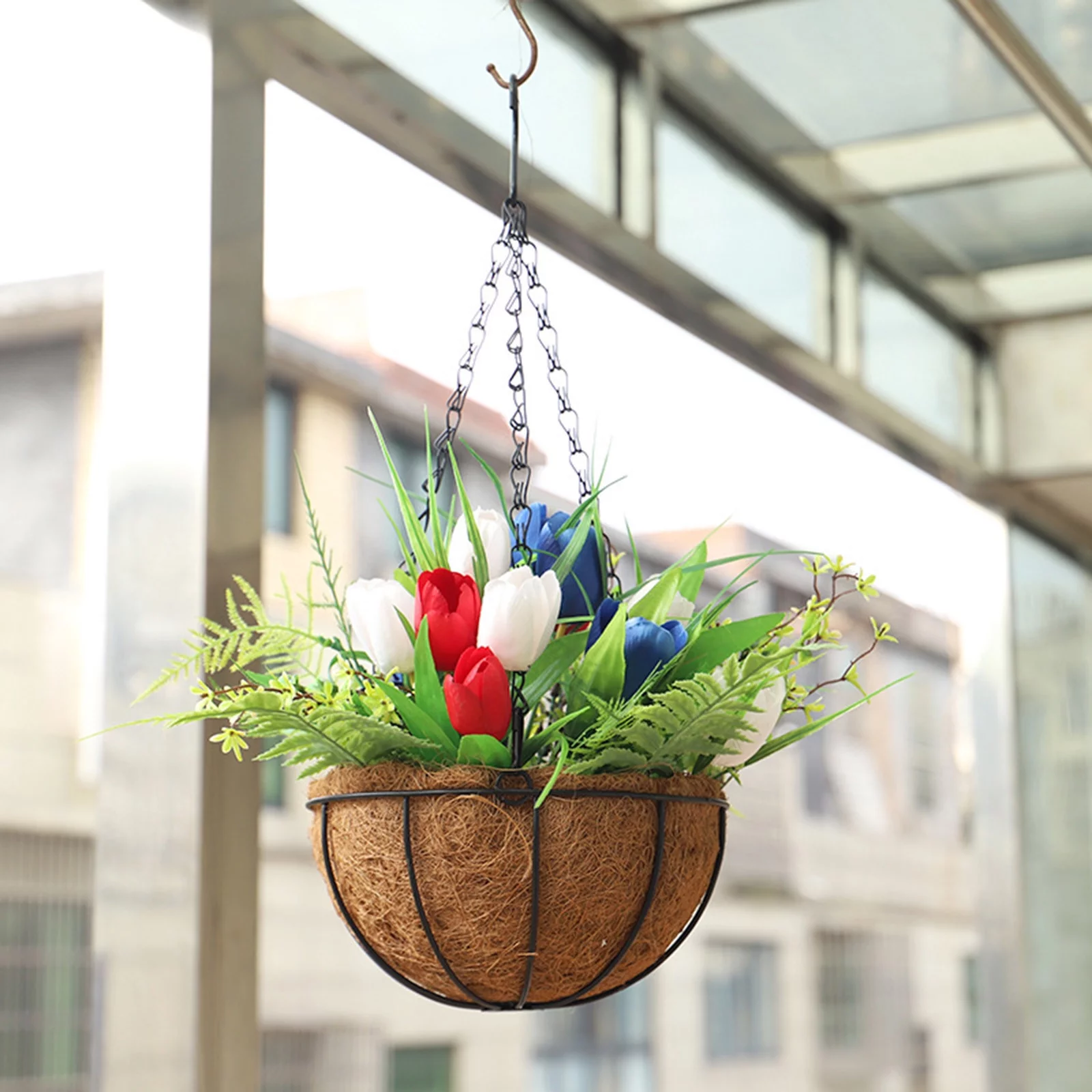 Back to School Savings! Feltree American Lndependence Day, Basket of Artificial Flowers for Patio Garden Decoration, Coconuts Lined Hanging Basket of Red, White and Blue Tulips for Indoor And