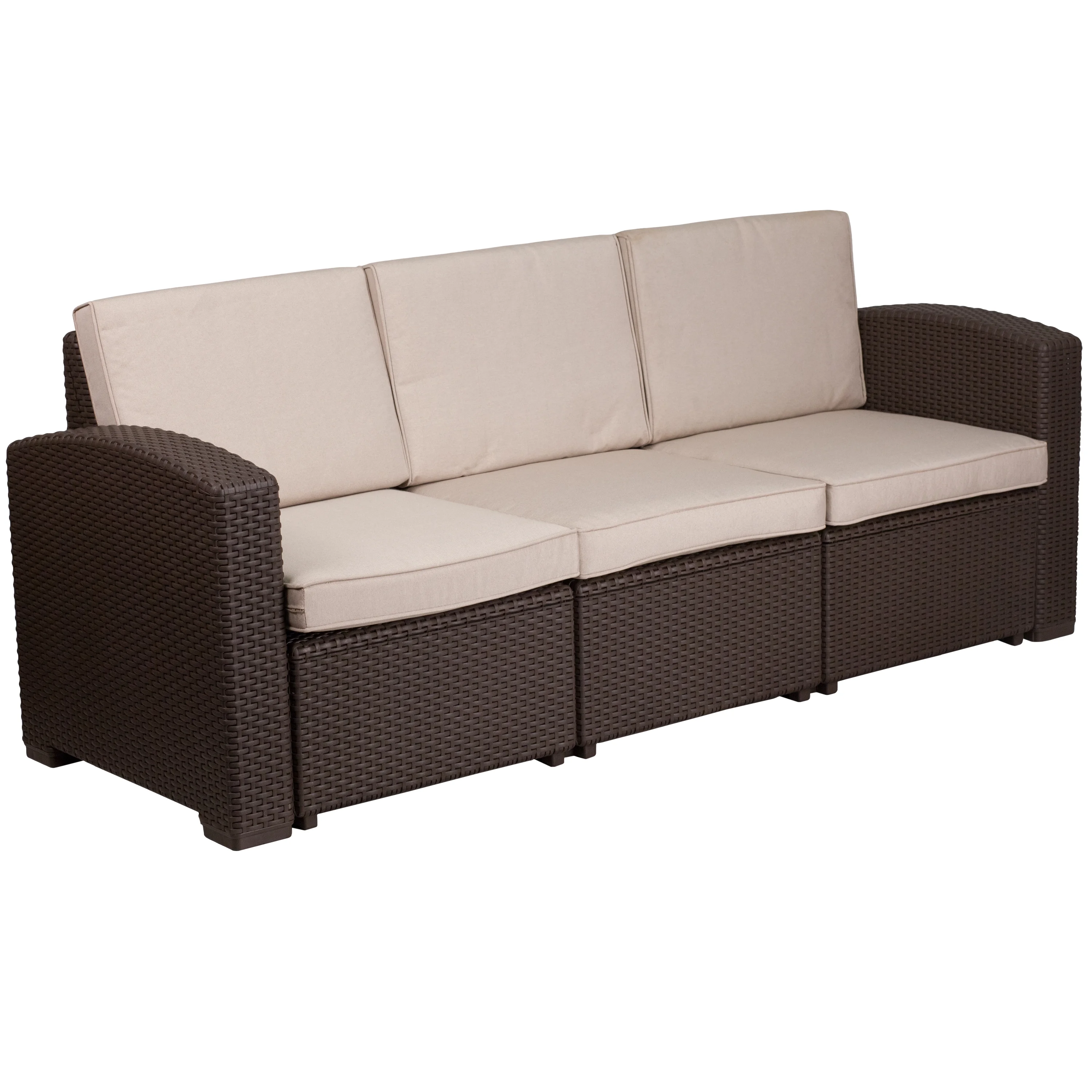 BizChair Chocolate Brown Faux Rattan Sofa with All-Weather Beige Cushions