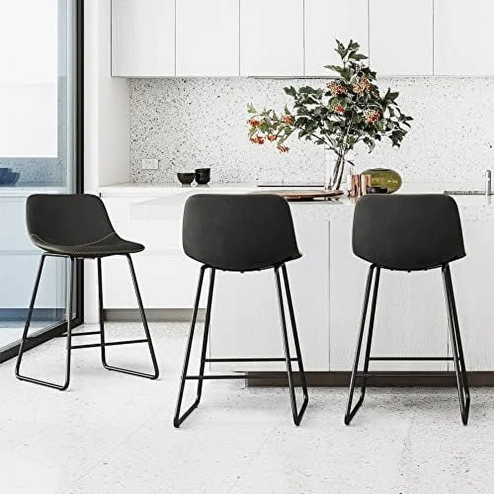 SQWERF Alexander Indoor/Outdoor Industrial Faux Leather  Stools Set of 3 Urban Armless Dining Chairs with Metal Legs  Modern Counter Height Barstools for High Table Kitchen Island Chair 2