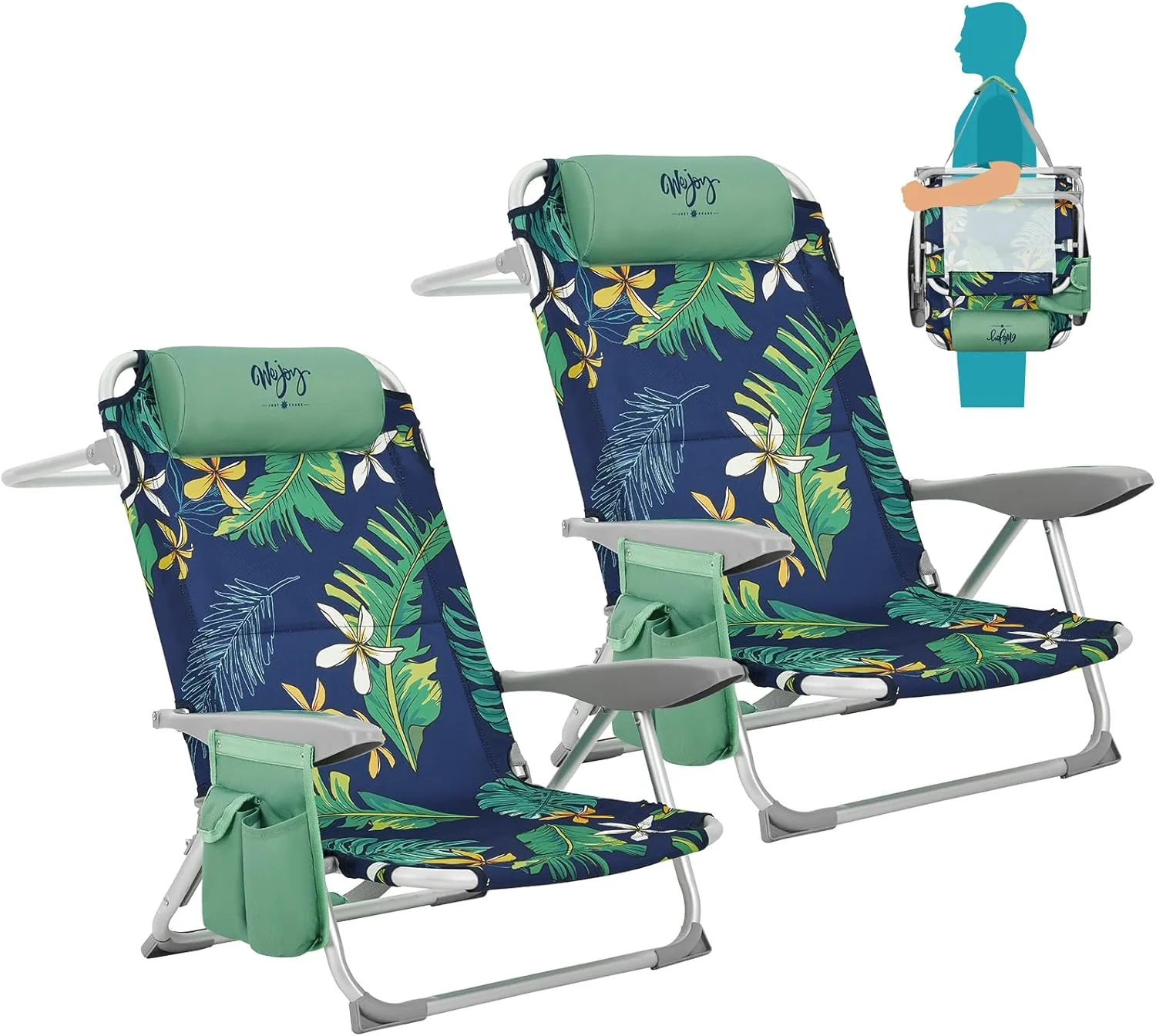 #WEJOY Folding Beach Chair for Adults, 4-Position Lightweight Beach Chair, Low Beach Chairs with Shoulder Strap, Cup Holder and Headrest, Supports 265lbs for Beach Lawn (Rainforest 2Pack)