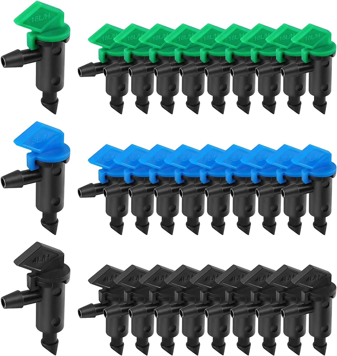 90 Pieces Drip Emitter, 3 Colors Garden Flag Irrigation Drippers in 3 Sizes, 1 GPH, 2 GPH, 4 GPH Per Hour for Trees and Shrubs Watering