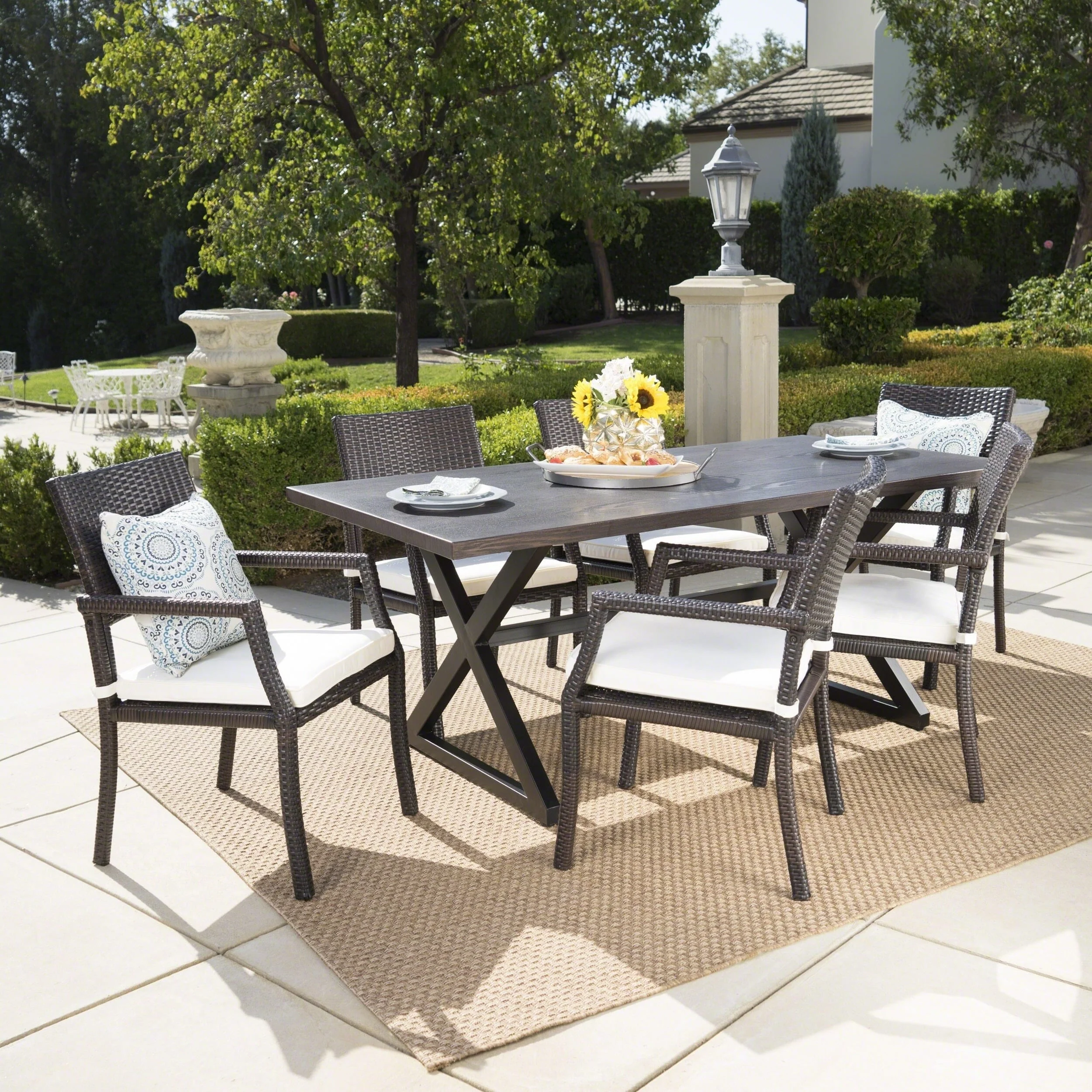 Christopher Knight Home Alani Outdoor 7-piece Rectangular Wicker Aluminum Dining Set with Cushions by  - N/A