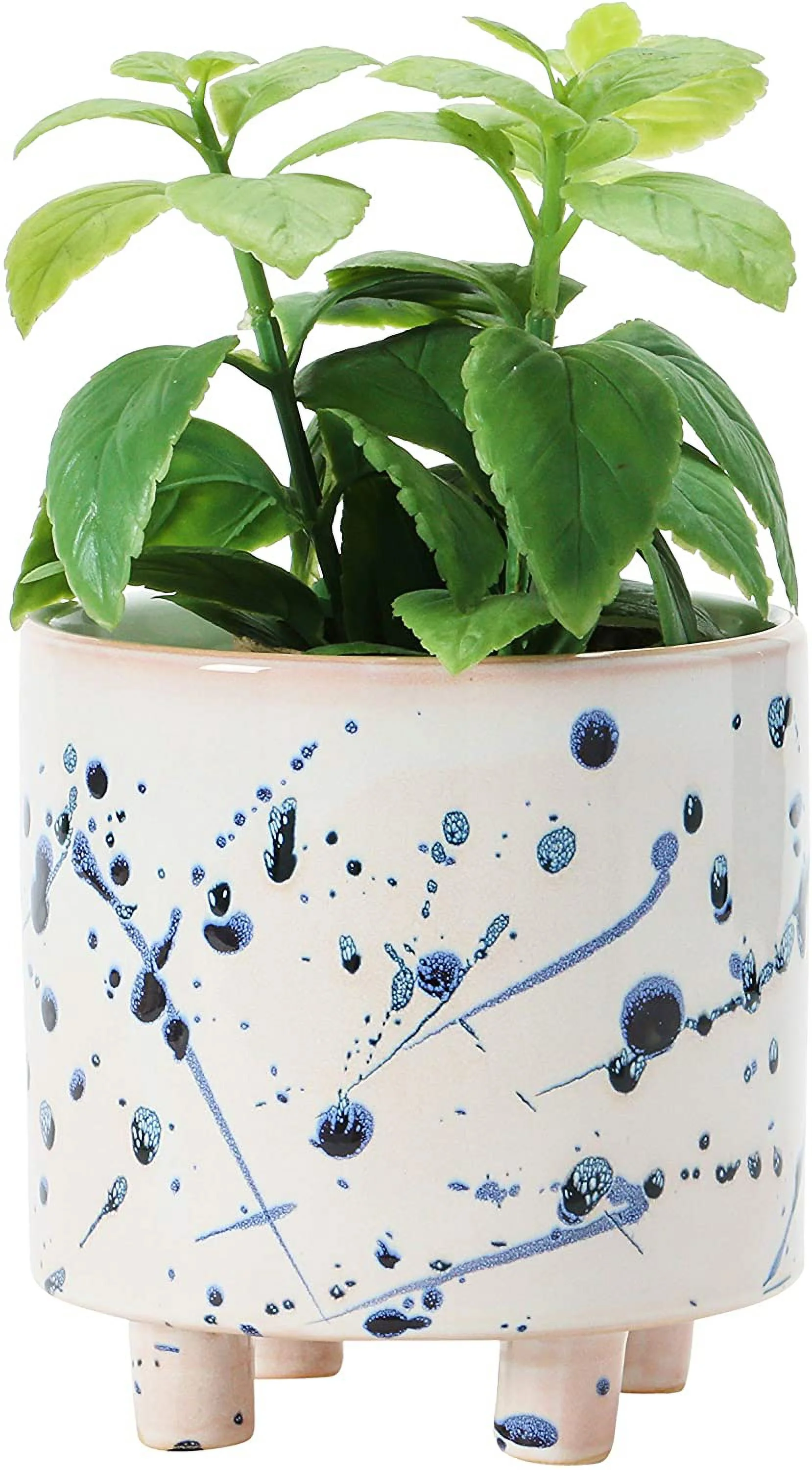 Stoneware Footed Planter with Splatter Design - White and Navy (5 Pot)