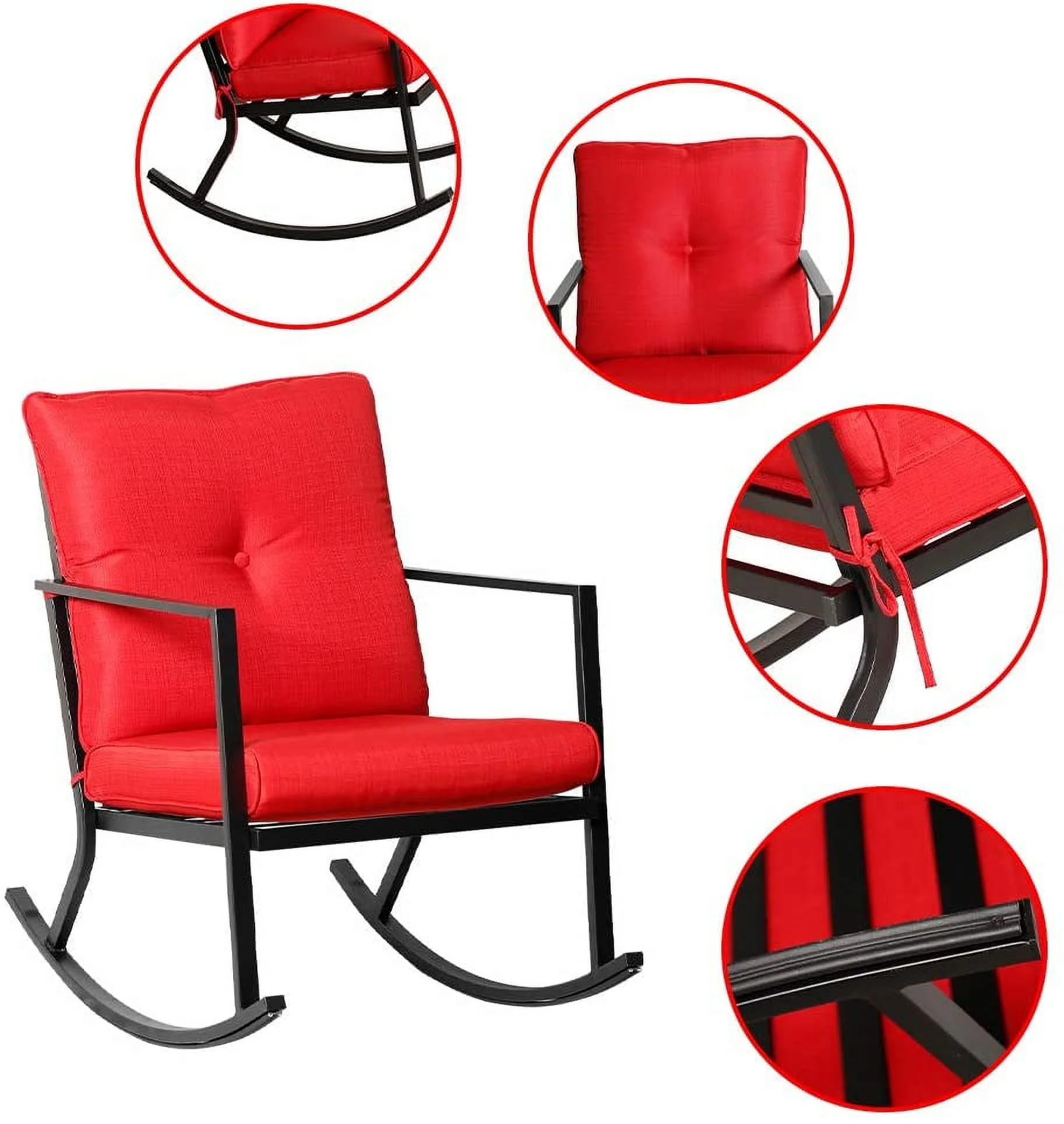 Patio Rocker Chair Rocking Chairs 2 Piece Modern Outdoor Furniture Red Thick Cushions, Black Steel Frame