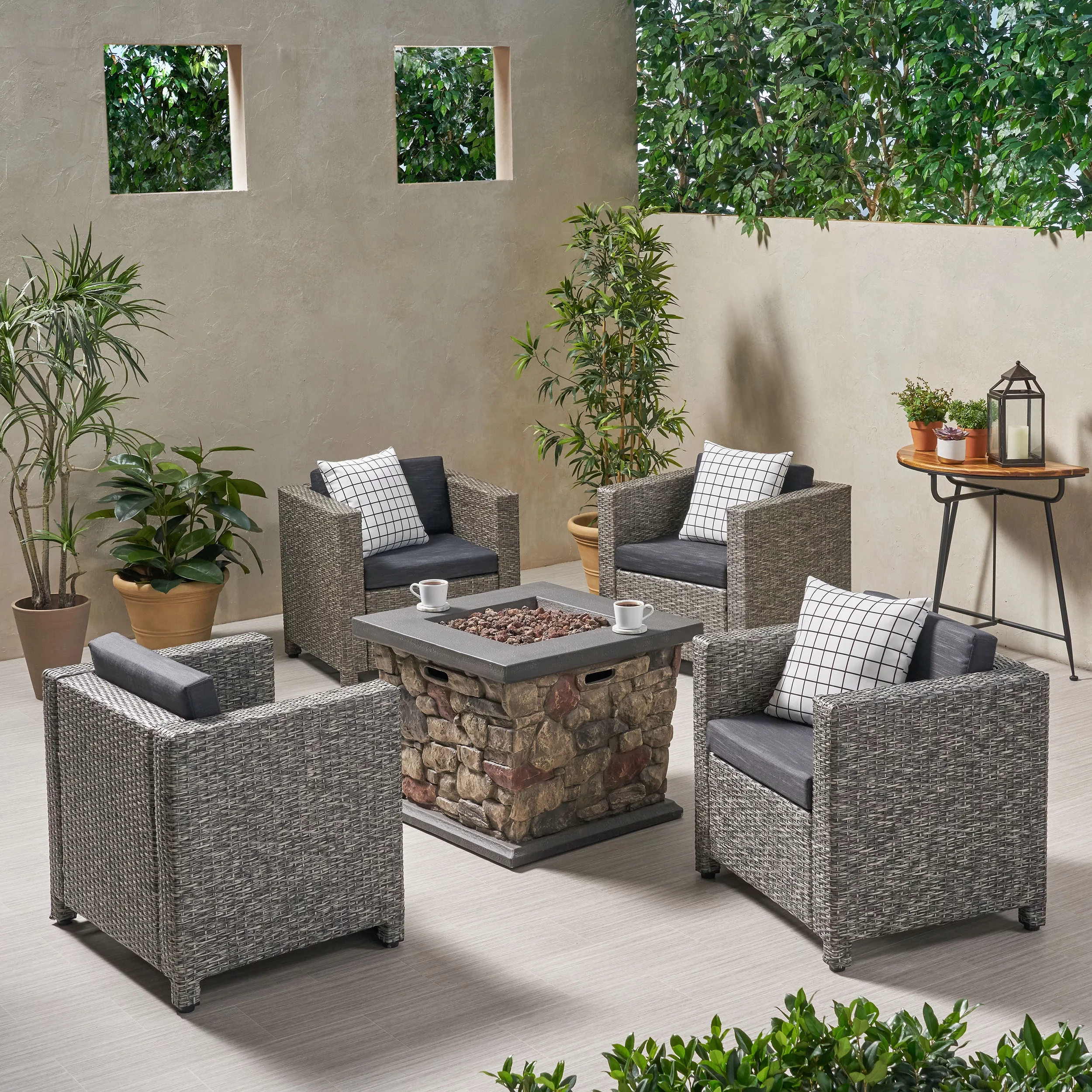 GDF Studio Christine Outdoor 4 Club Chair Chat Set with Fire Pit, Mix Black and Dark Gray