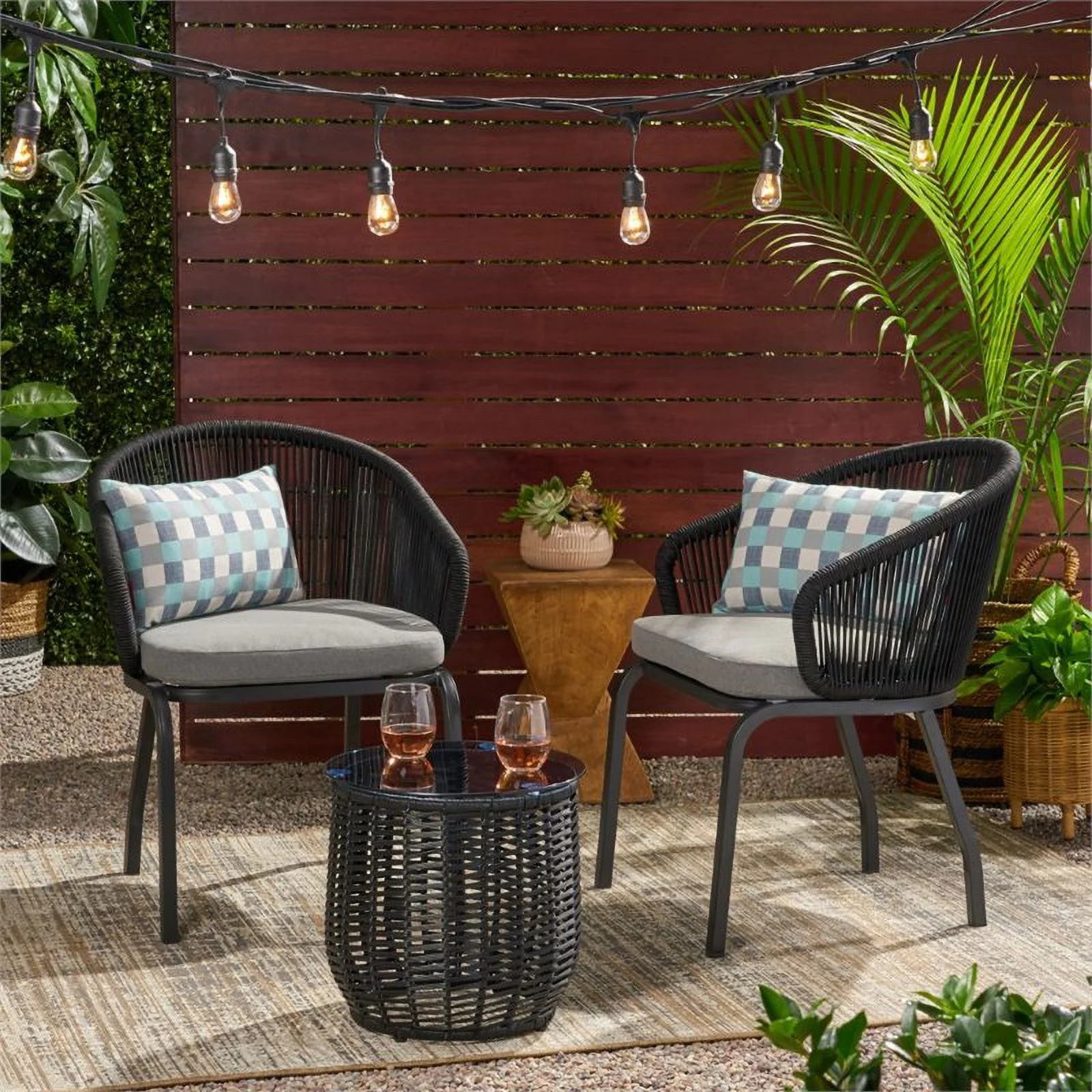 Kriday Outdoor Modern 2 Seater Chat Set, Black and Gray