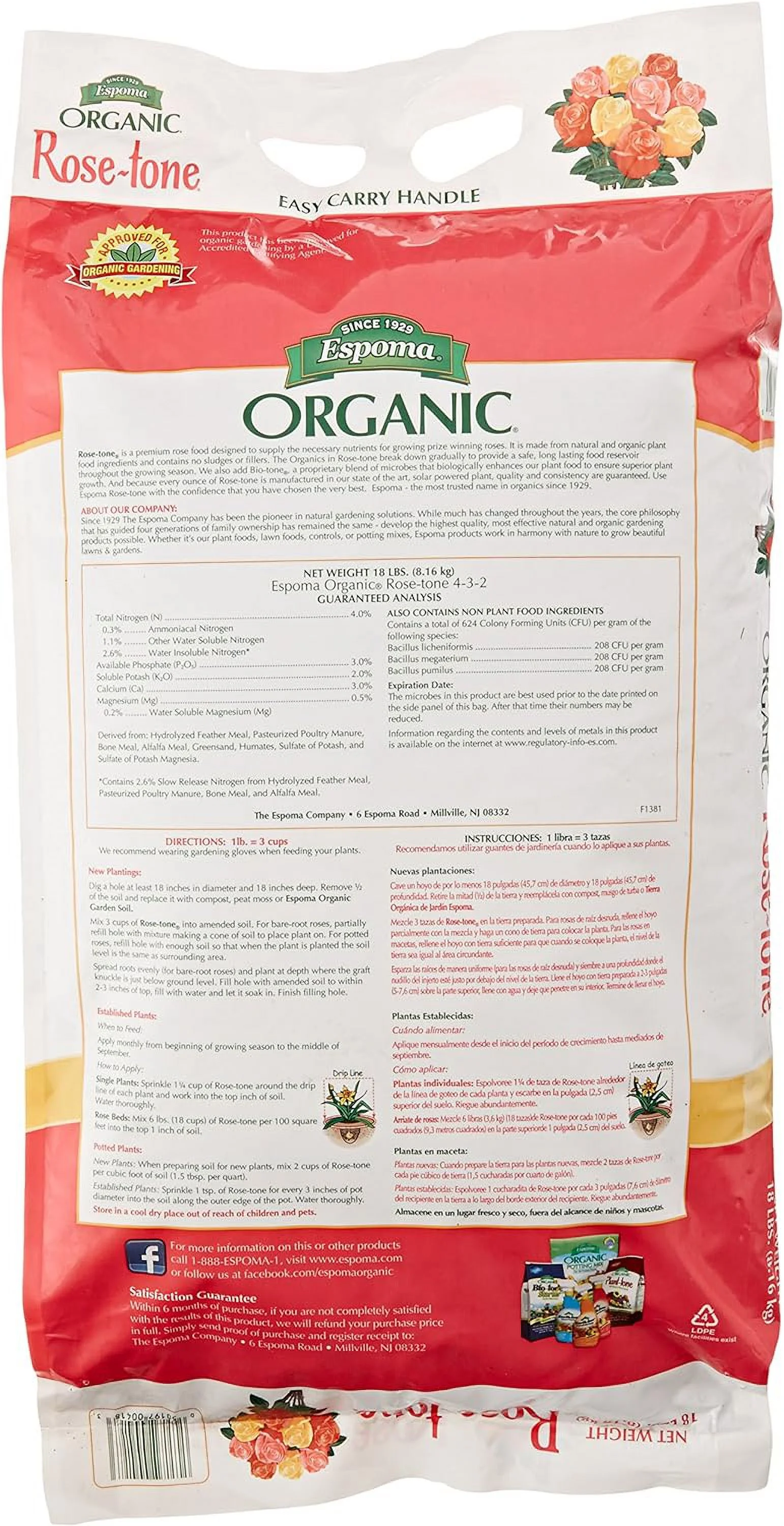 Espoma Organic Rose-tone 4-3-2 Organic Fertilizer for all types of Roses and other Flowering Plants. Promotes vigorous growth and blooming. 18 lb. Bag