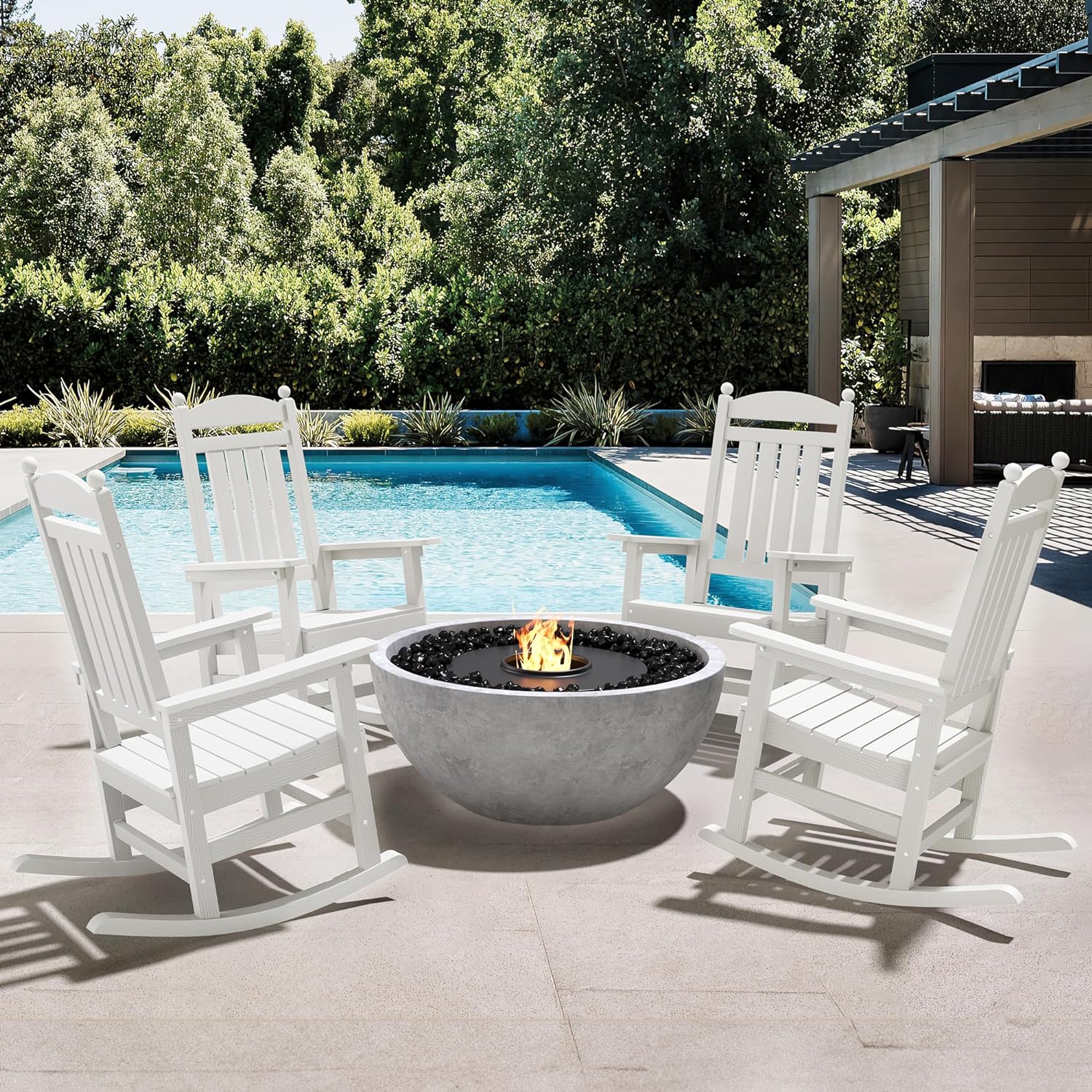 DYCANPO Outdoor Rocking Chairs Set of 4, All Weather Resistant Porch Rockers for Lawn Garden,White