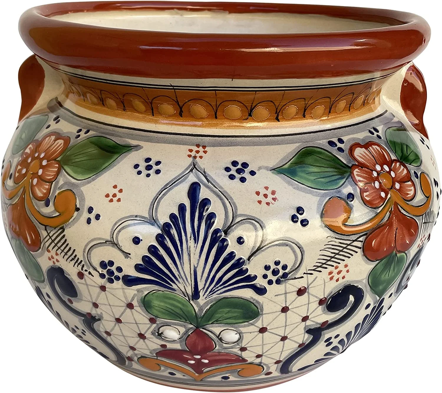 TalaMex Hand-Made Small-Size Indoors/Outdoors Tecali Mexican Colors Talavera Ceramic Garden Pot, Size: 10.5'' Overall Diameter x 9.5'' Height., Multicolor