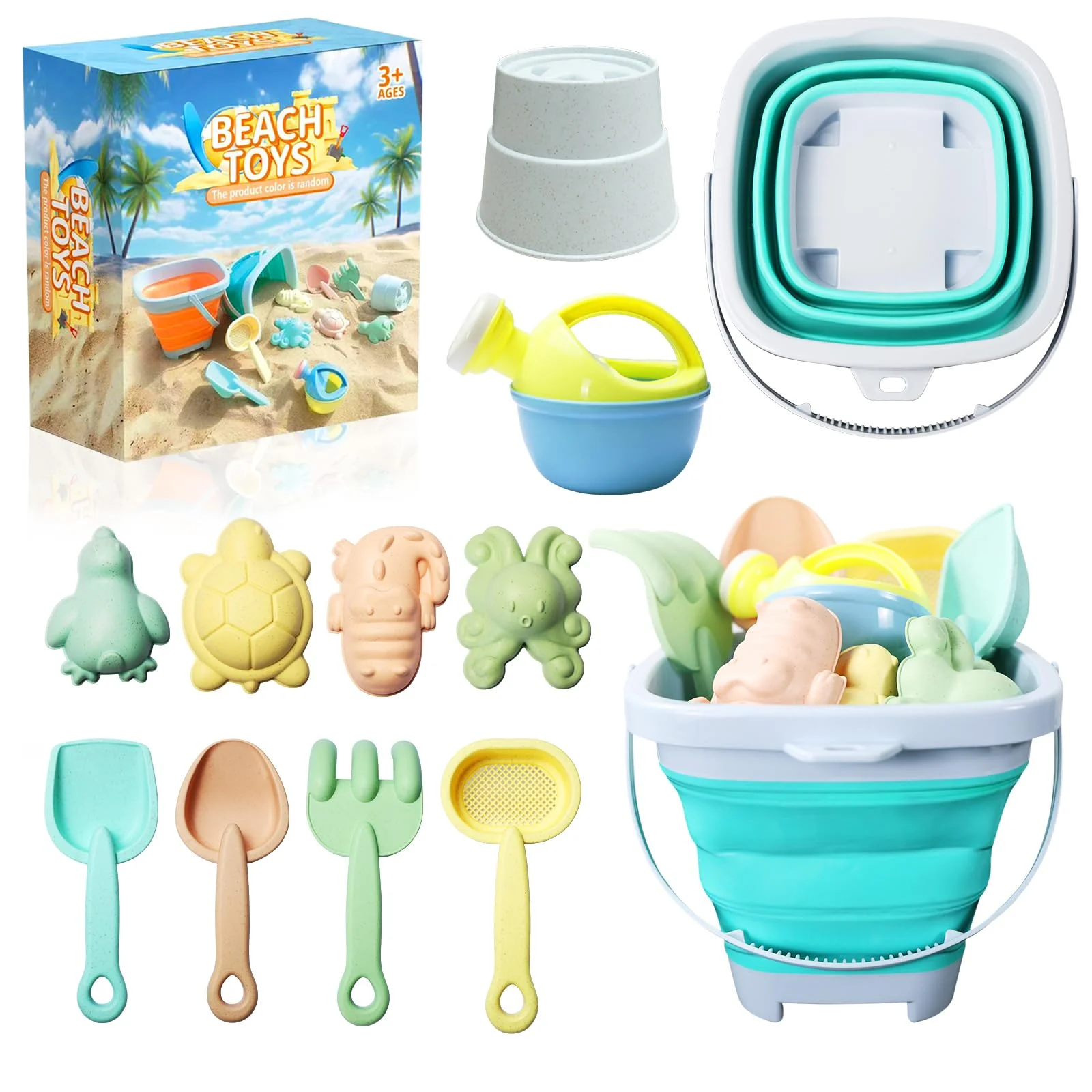 11pcs Beach Sand Molds Toys Set for Kids - Collapsible Sand Bucket and Shovels Sand Rake Toy Sandbox Sandcastle Travel Cute Animal Kit, Sandbox Toy