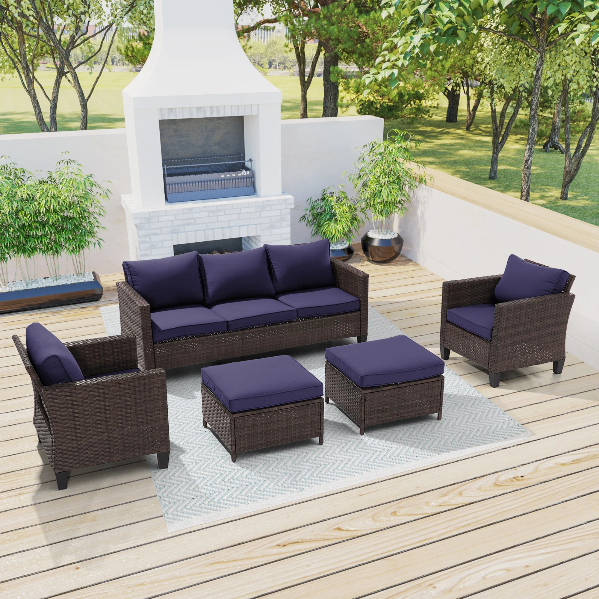 CHYVARY 5-Piece Patio Sofa Set Brown Rattan Outdoor Furniture Set Three-Seat Sofa Ottomans Suiting Backyard, Poolside and Patio,Navy Blue