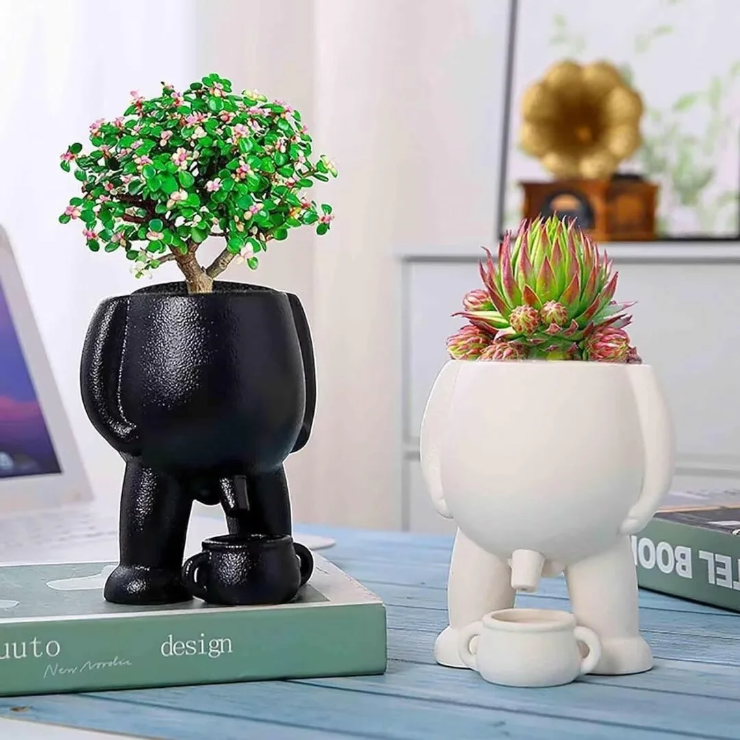 SENIURIS Peeing Funny Planter Pot, Succulent Pots Planters with Drainage, Fun Body Pot Penis Planter. （White&Black）