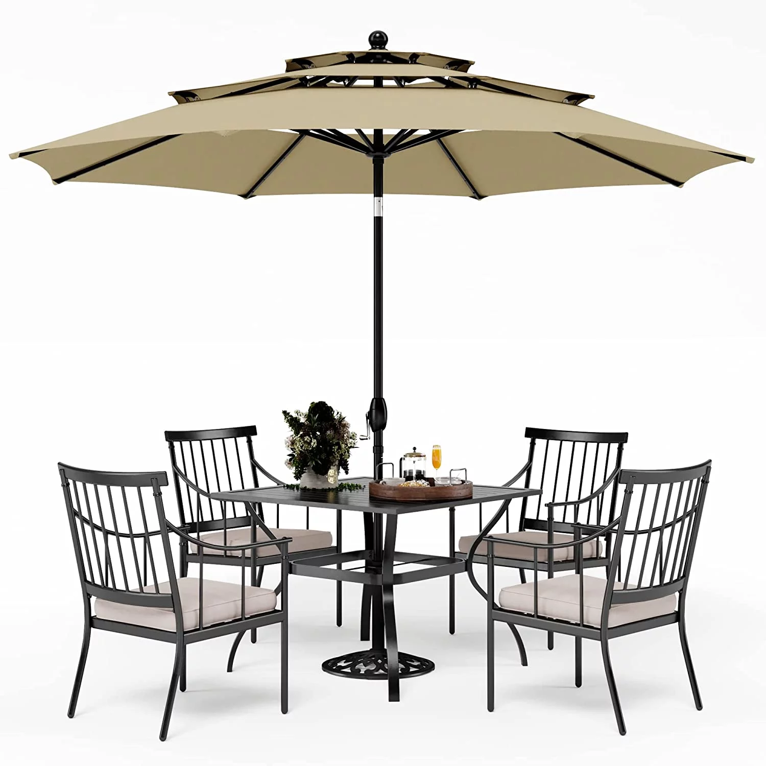 VILLA 5 Piece Outdoor Dining Set with 10ft Umbrella  37" Square Metal Dining Table & 4 Cushioned Metal Chairs & 3-Tier Beige Umbrella for Patio  Deck  Yard  Porch