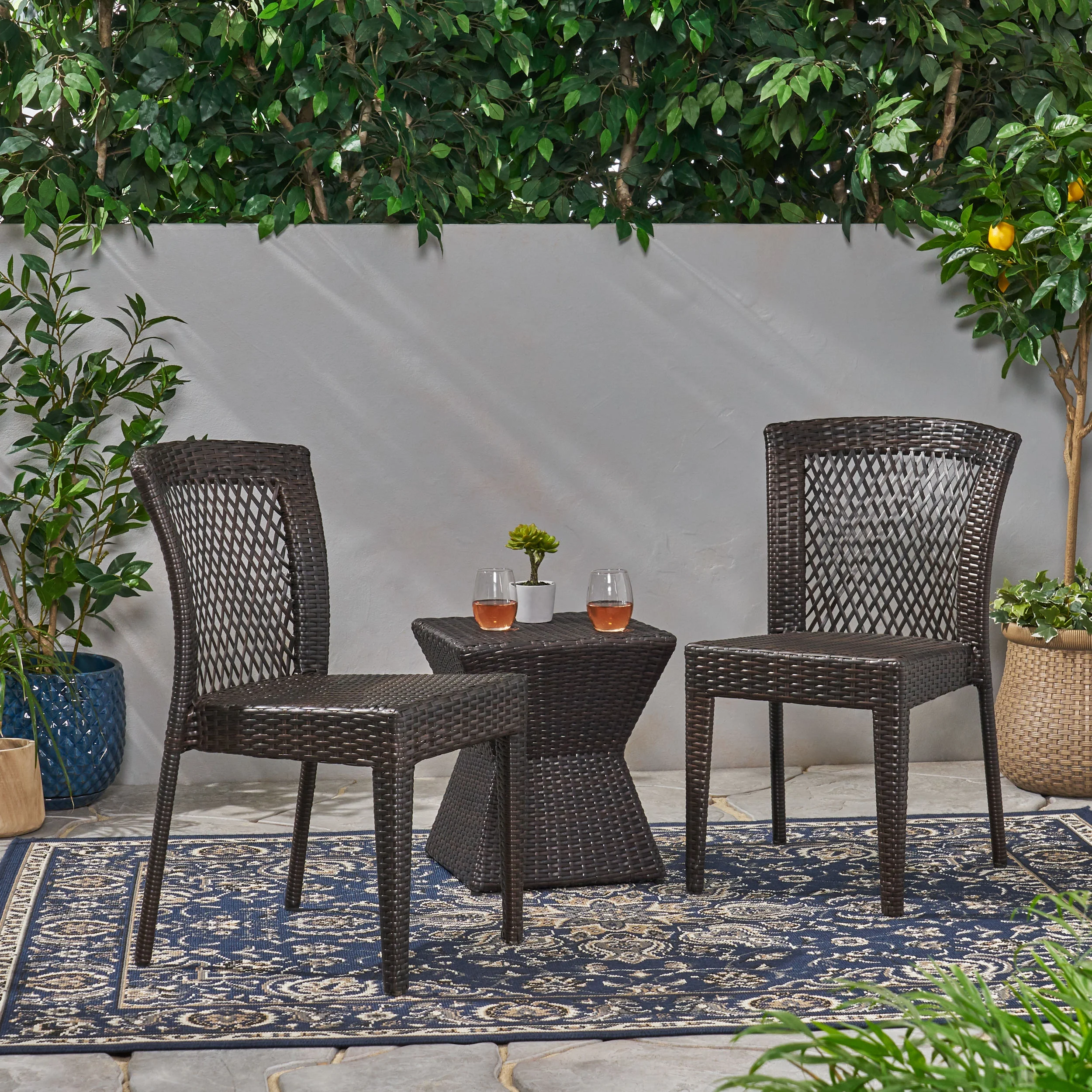 GDF Studio Froude Outdoor Wicker 3 Piece Stacking Chair Chat Set, Multibrown