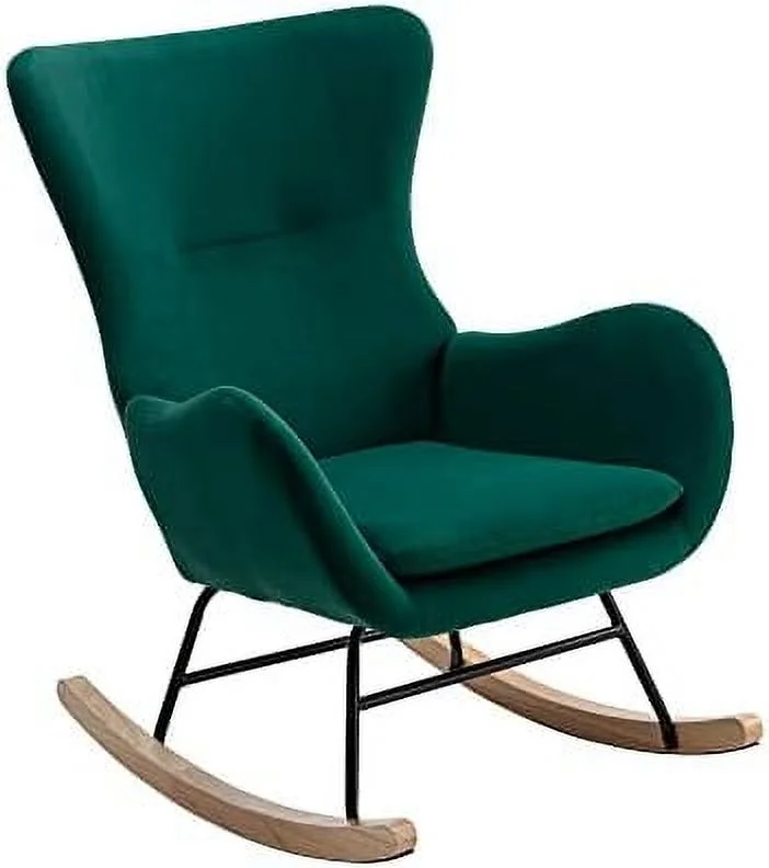 xrboomlife Nursery Rocking Chair Upholstered Glider Chair Soft Velvet Wingback Accent Side Chair  Rubber Wood Rocker Chair for Living Room Bedroom Lounge (Teddy Gray)