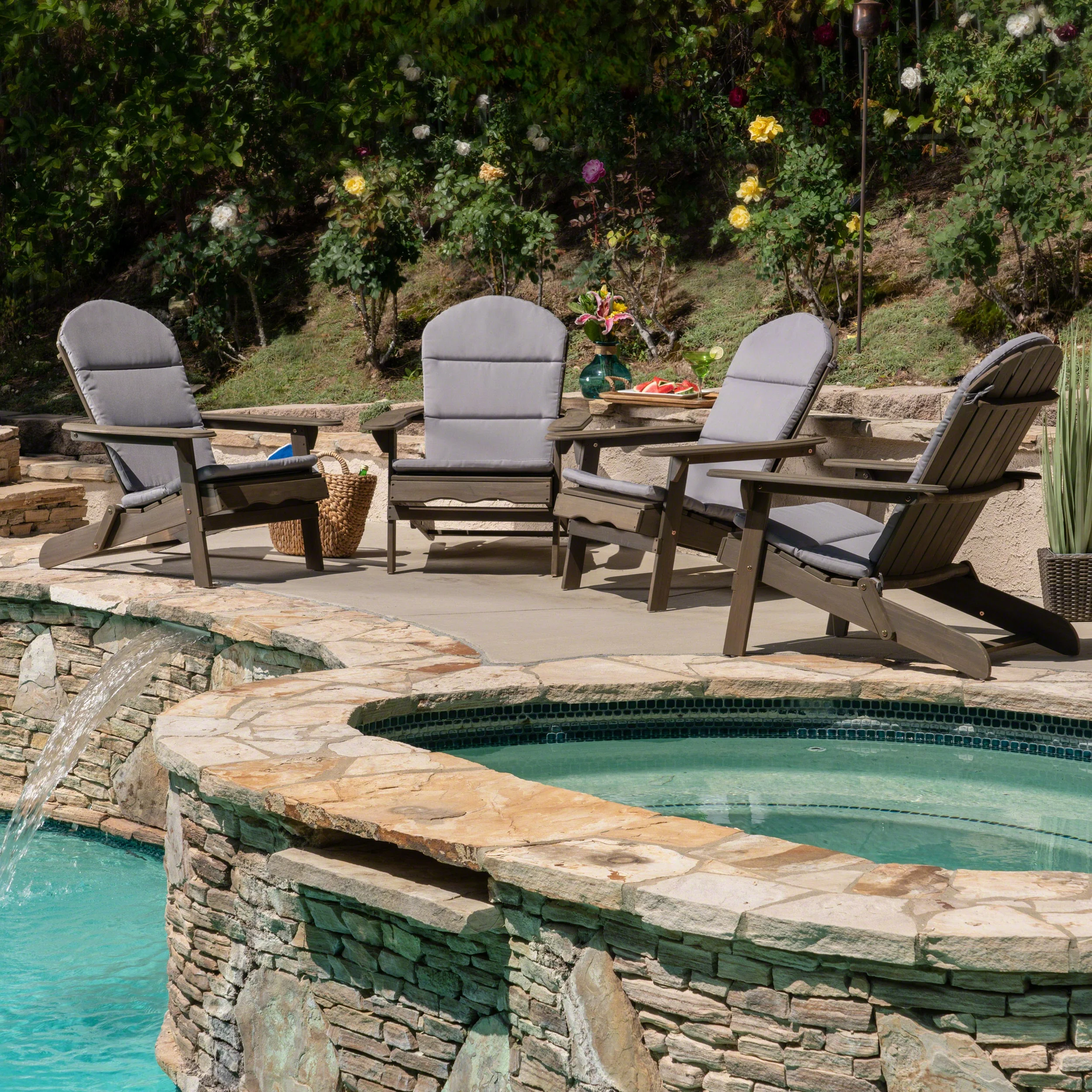 Ariel Outdoor Acacia Wood Folding Adirondack Chairs with Cushions (Set of 4), Gray