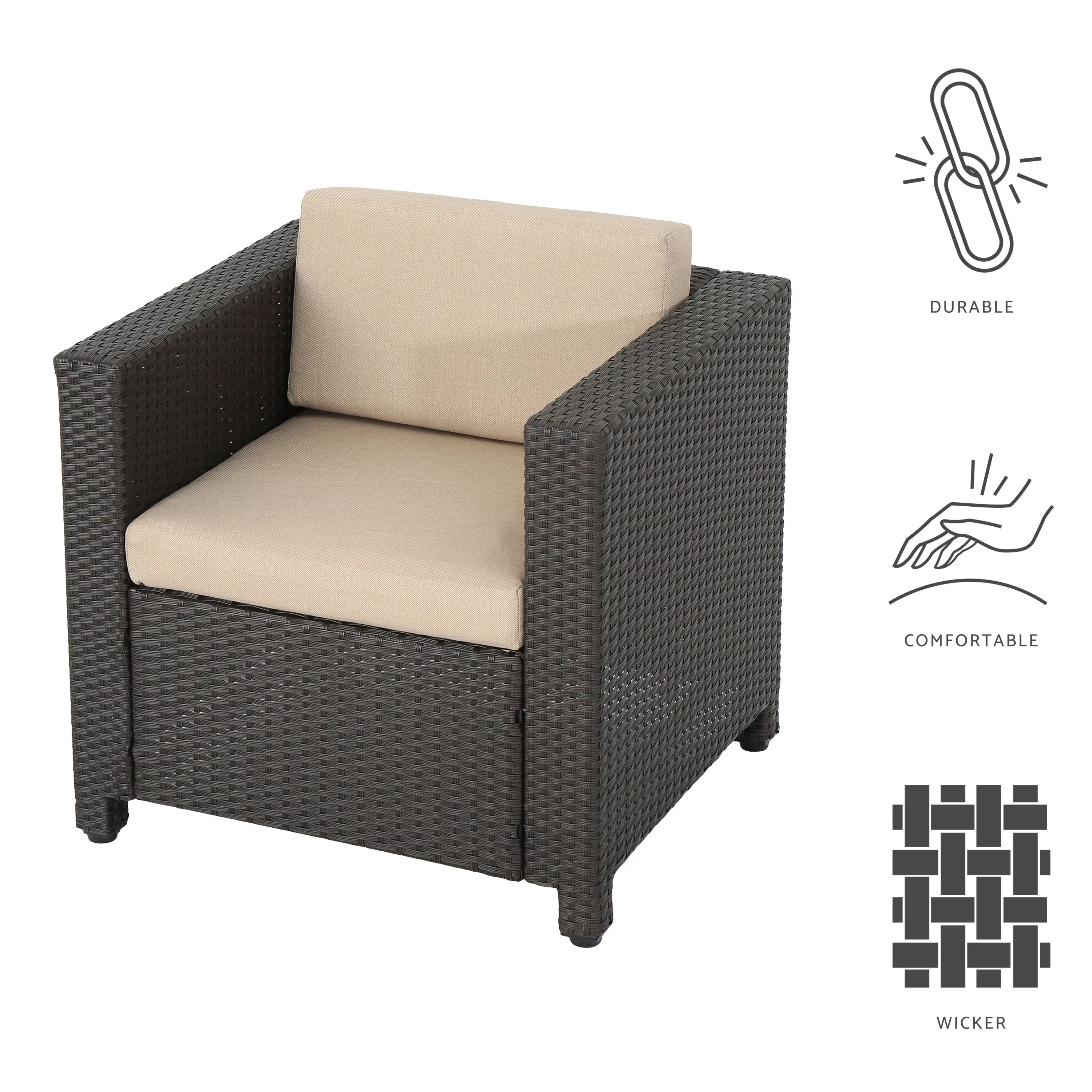 Pueblo Outdoor Wicker Club Chair with Cushions, Dark Brown and Beige