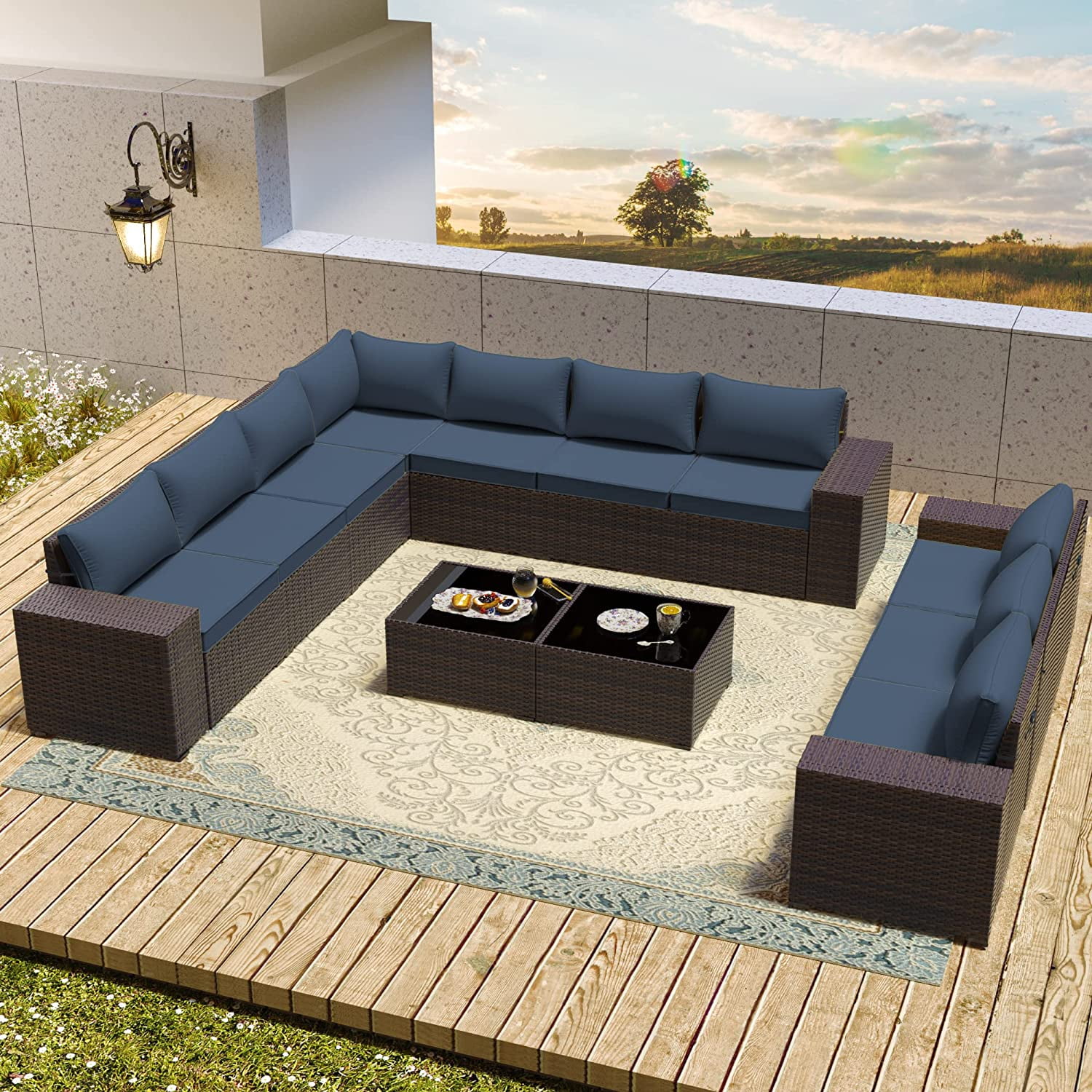 Outdoor Patio Furniture Set  12 Pieces Outdoor Furniture All Weather Patio Sectional Sofa PE Wicker Modular Conversation Sets with Coffee Table 10 Chairs & Seat Clips(Dark Blue)