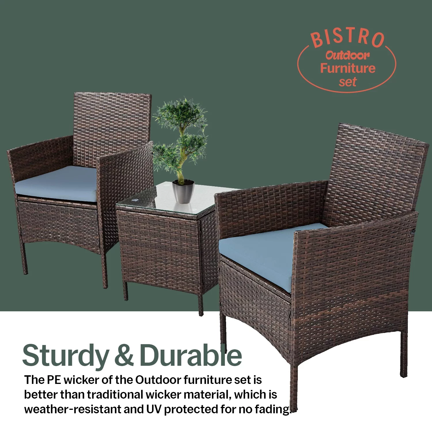 Eval 3 Piece Modern Design Rattan Furniture Set - 2 Durable & Cozy Chairs With a Foldable Coffee Table - Grey