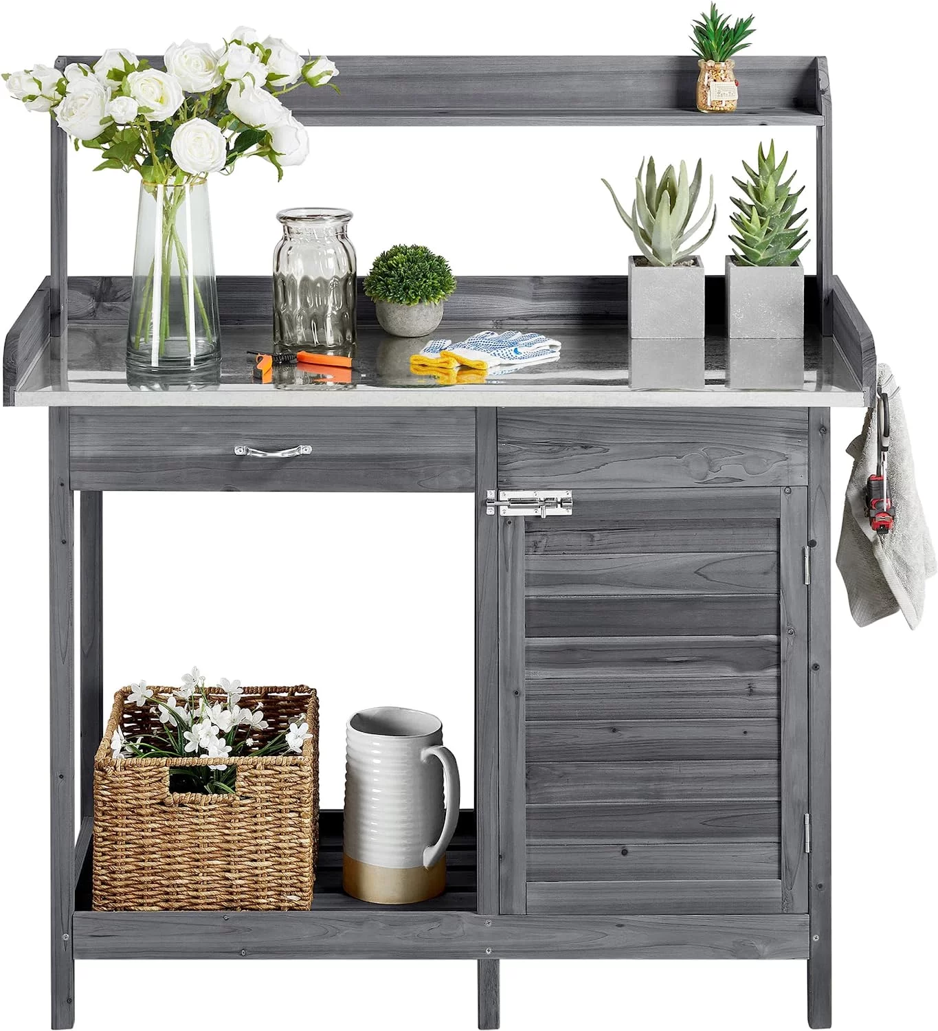 Potting Bench Outdoor Potting Table W/Cabinet Drawer Open Shelf W/Metal Tabletop Solid Wood Work Station W/Top Shelf & Lower Shelf Gray