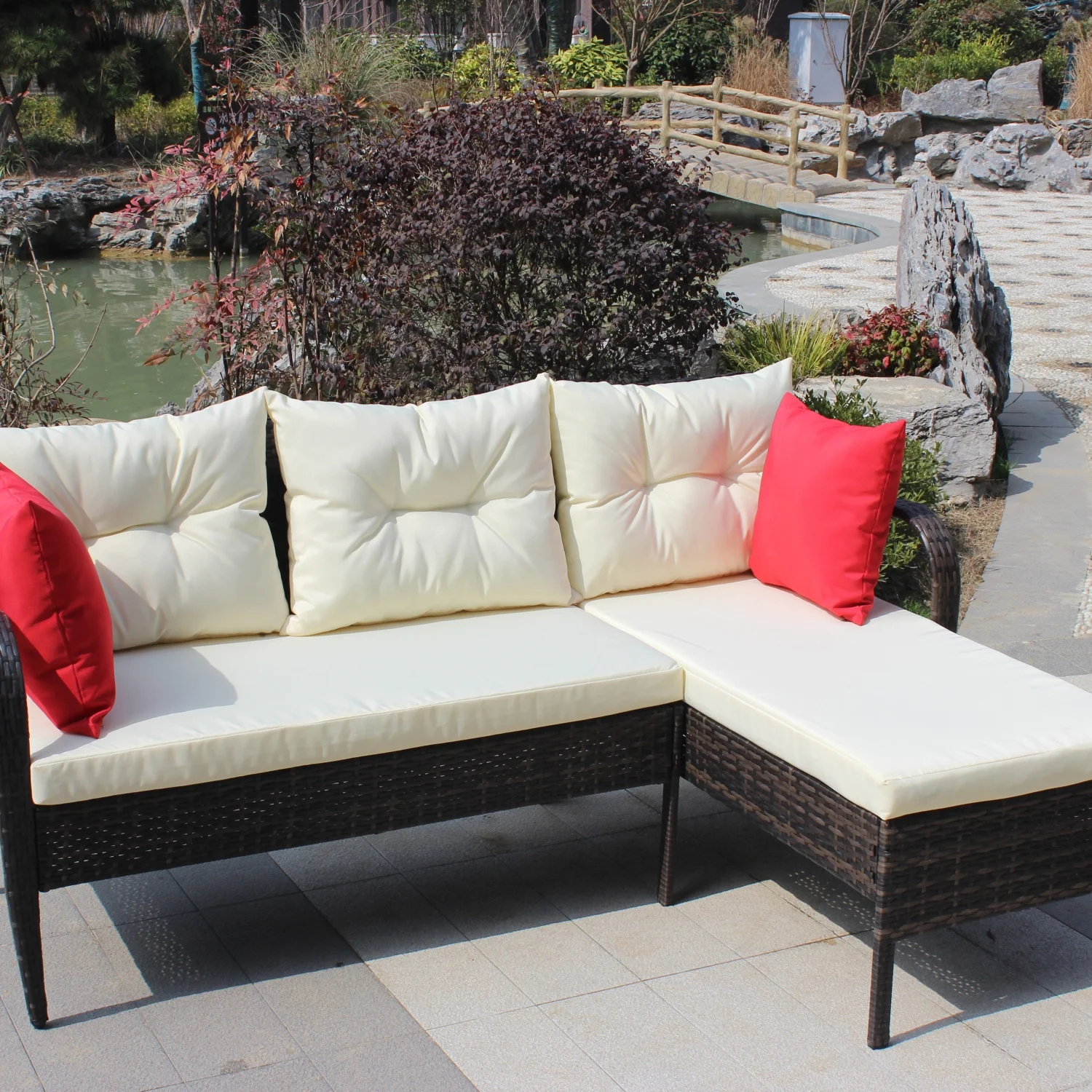 ZJbiubiuHome Outdoor patio  sets 2 piece Conversation set wicker Ratten Sectional Sofa With Seat Cushions(Beige Cushion)